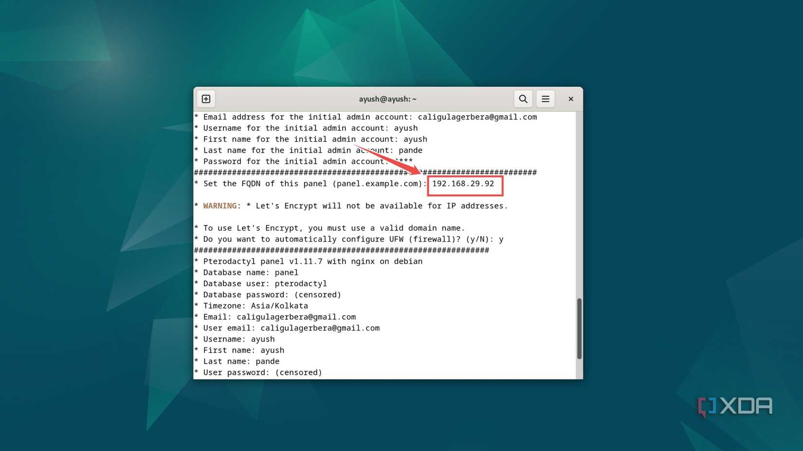 The procedure to enter the FQDN in the Pterodactyl installer in Debian