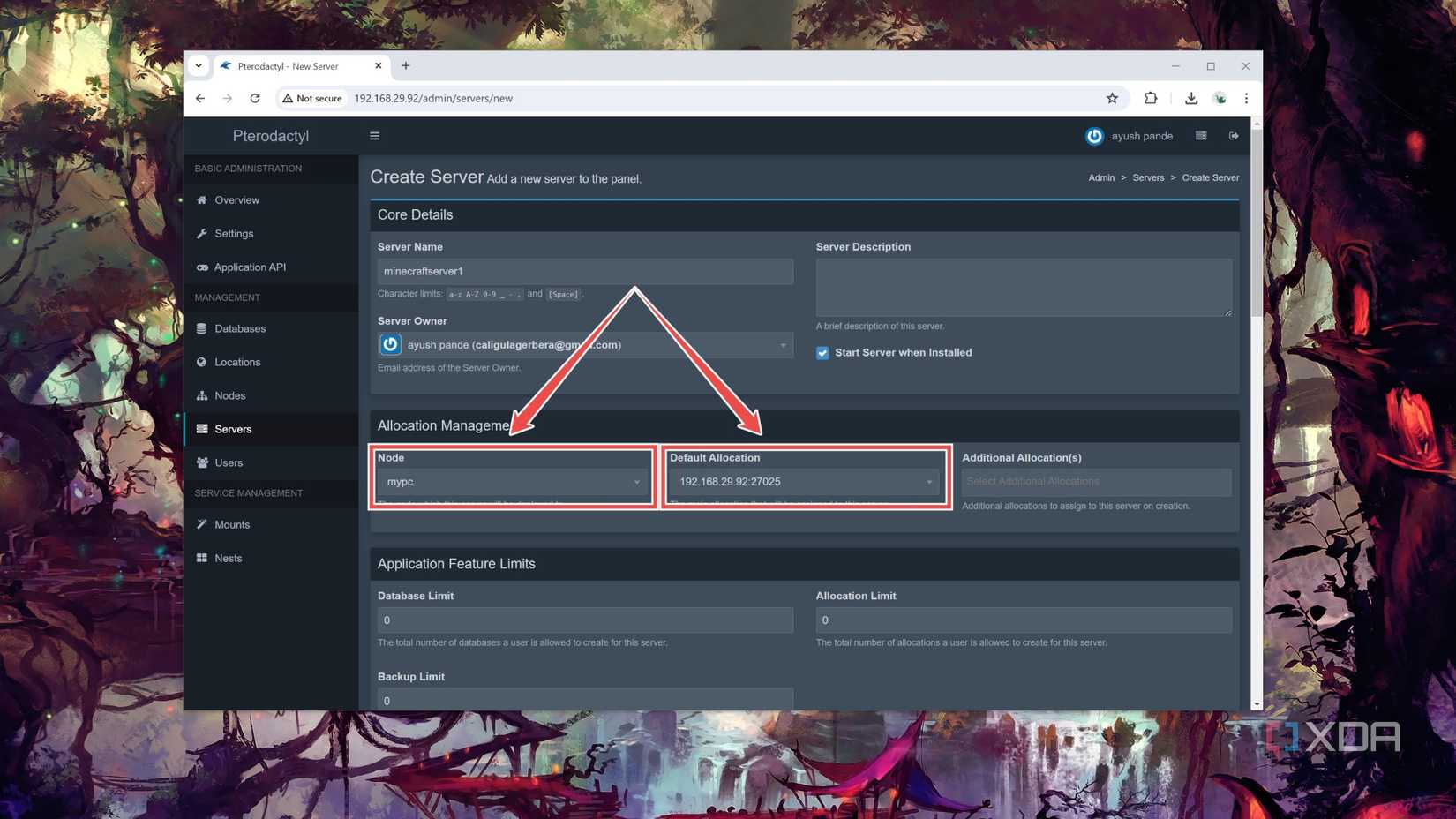 Assigning a node to a server in the Pterodactyl web UI