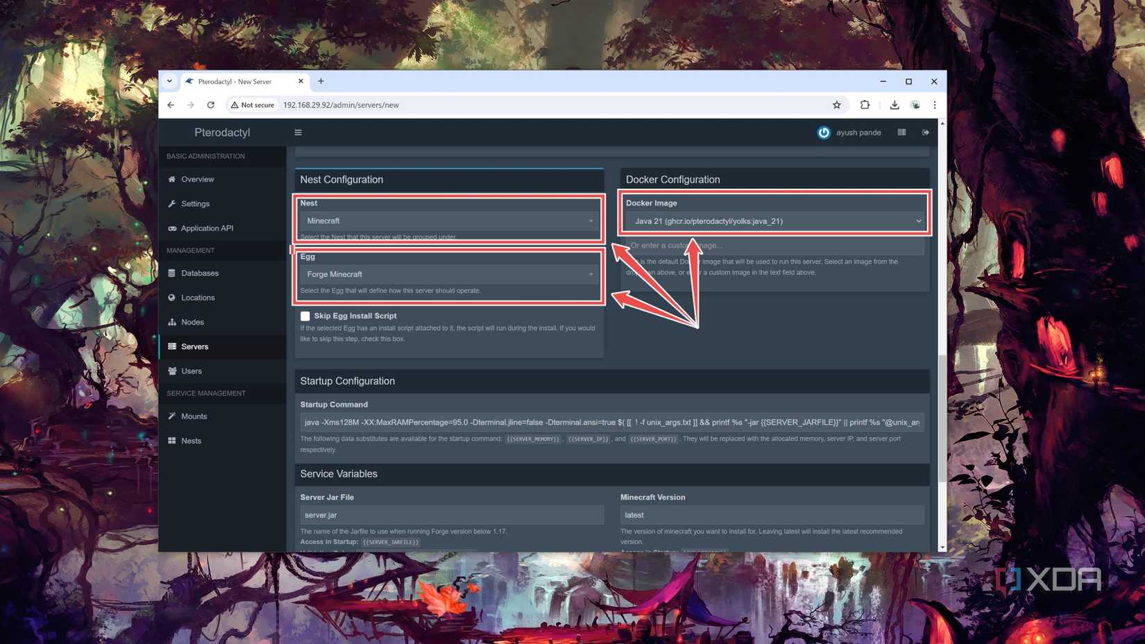 Choosing the Nest, Egg, and Docker image for a server in the Pterodactyl web UI