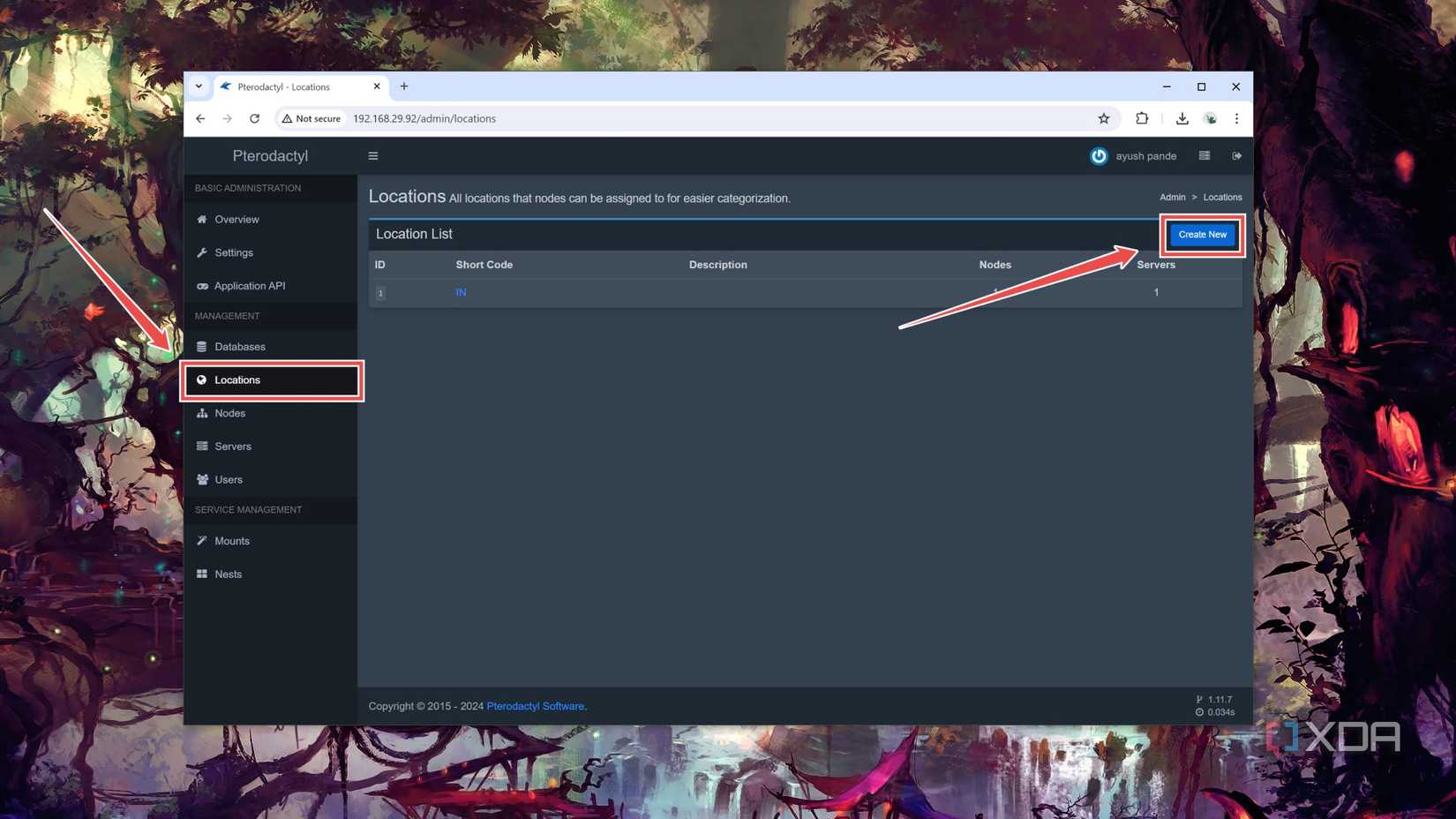 Opening the Locations tab in the Pterodactyl web UI
