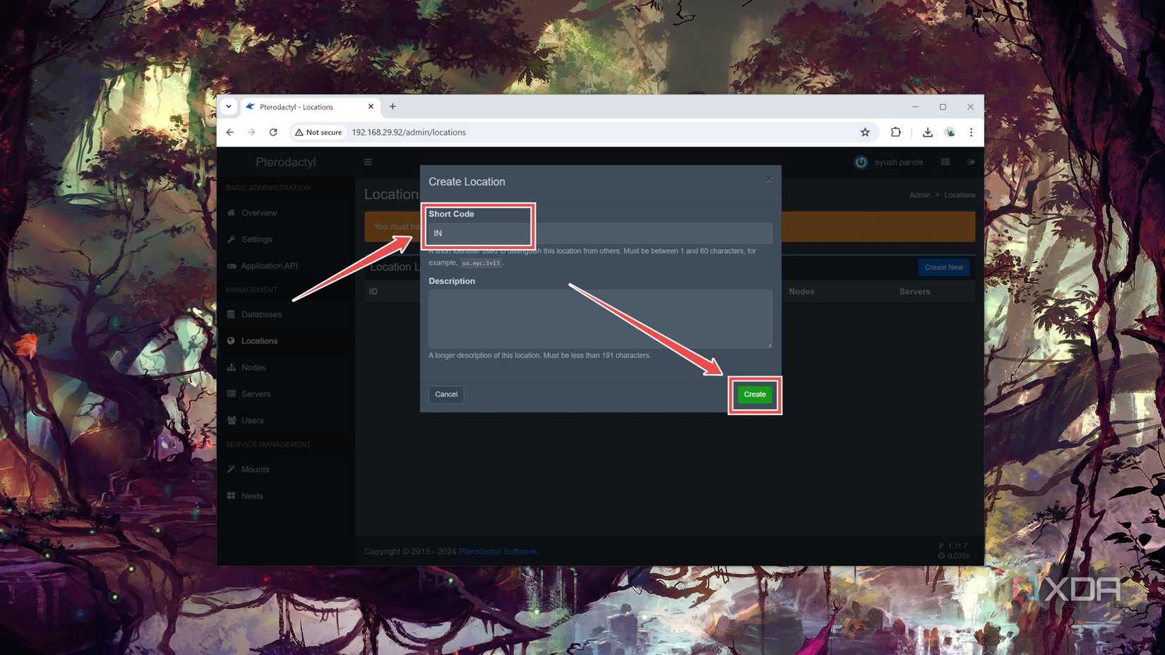 Adding a new Location in the Pterodactyl web UI
