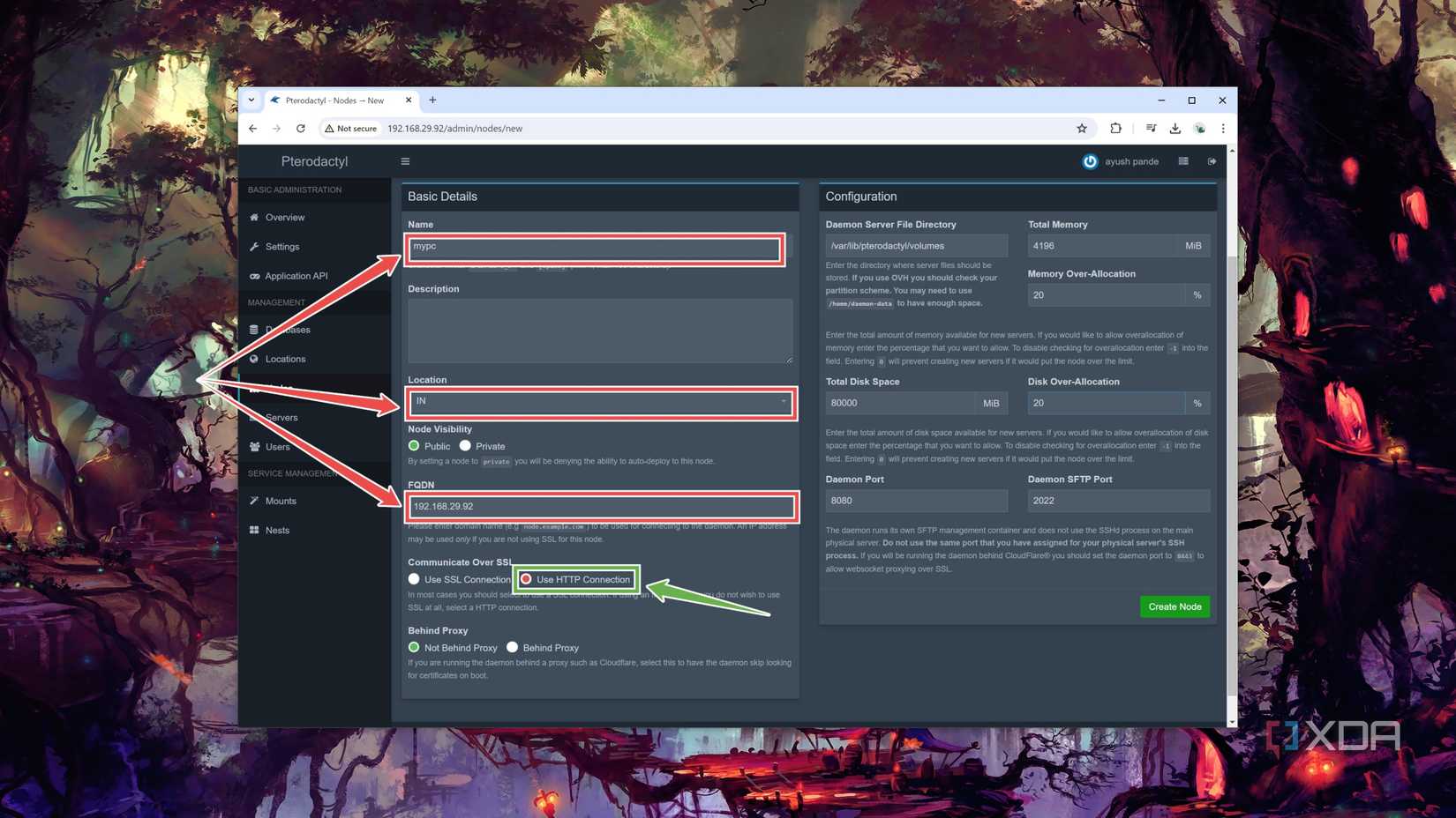 Adding the node details in the Pterodactyl web UI