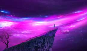 A wallpaper showing a person standing on the edge of a cliff looking at a purple universe