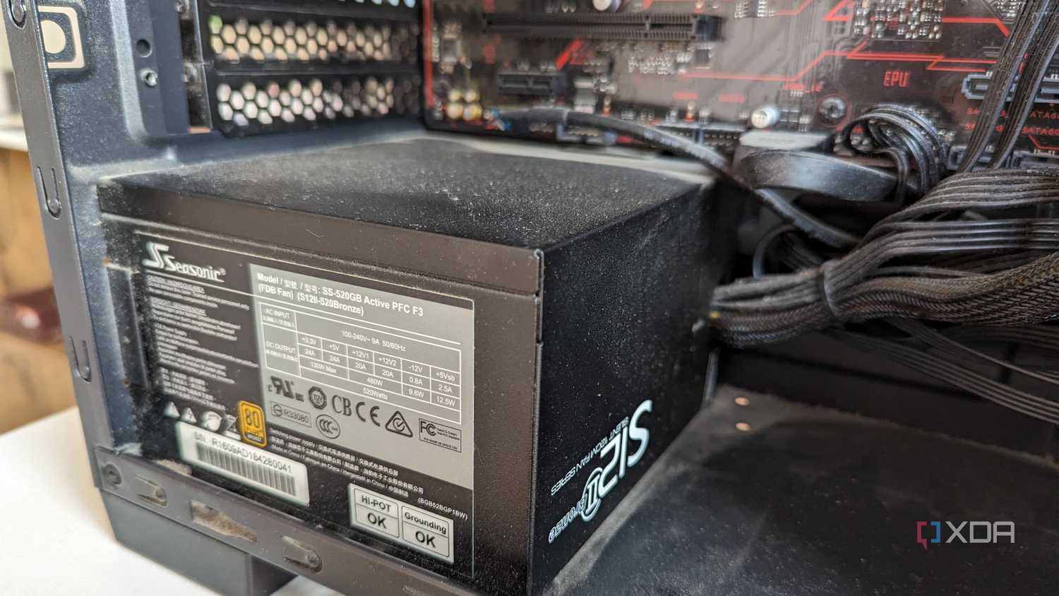 Close-up of a power supply (PSU) inside a gaming PC