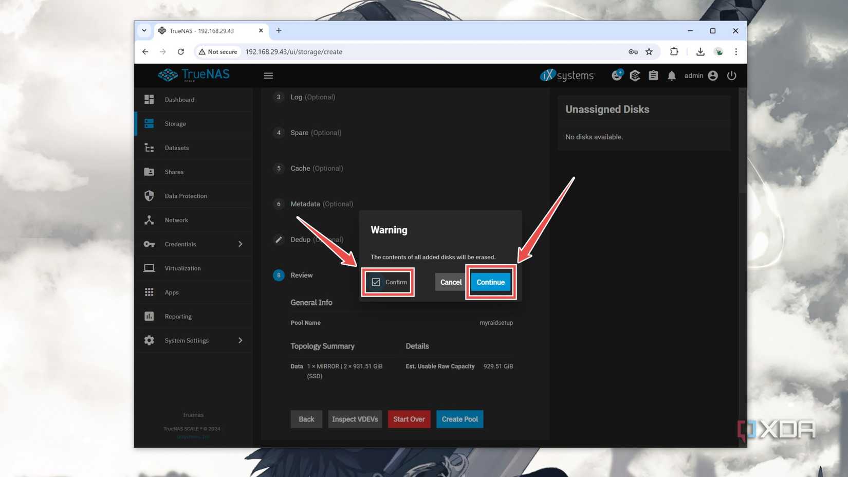 Checking the Confirm box before creating a RAID pool in TrueNAS Scale