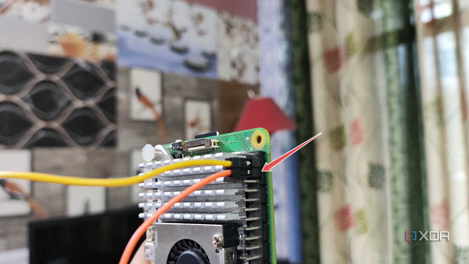 Plugging the jumper cable into the Raspberry Pi 5's GND pin