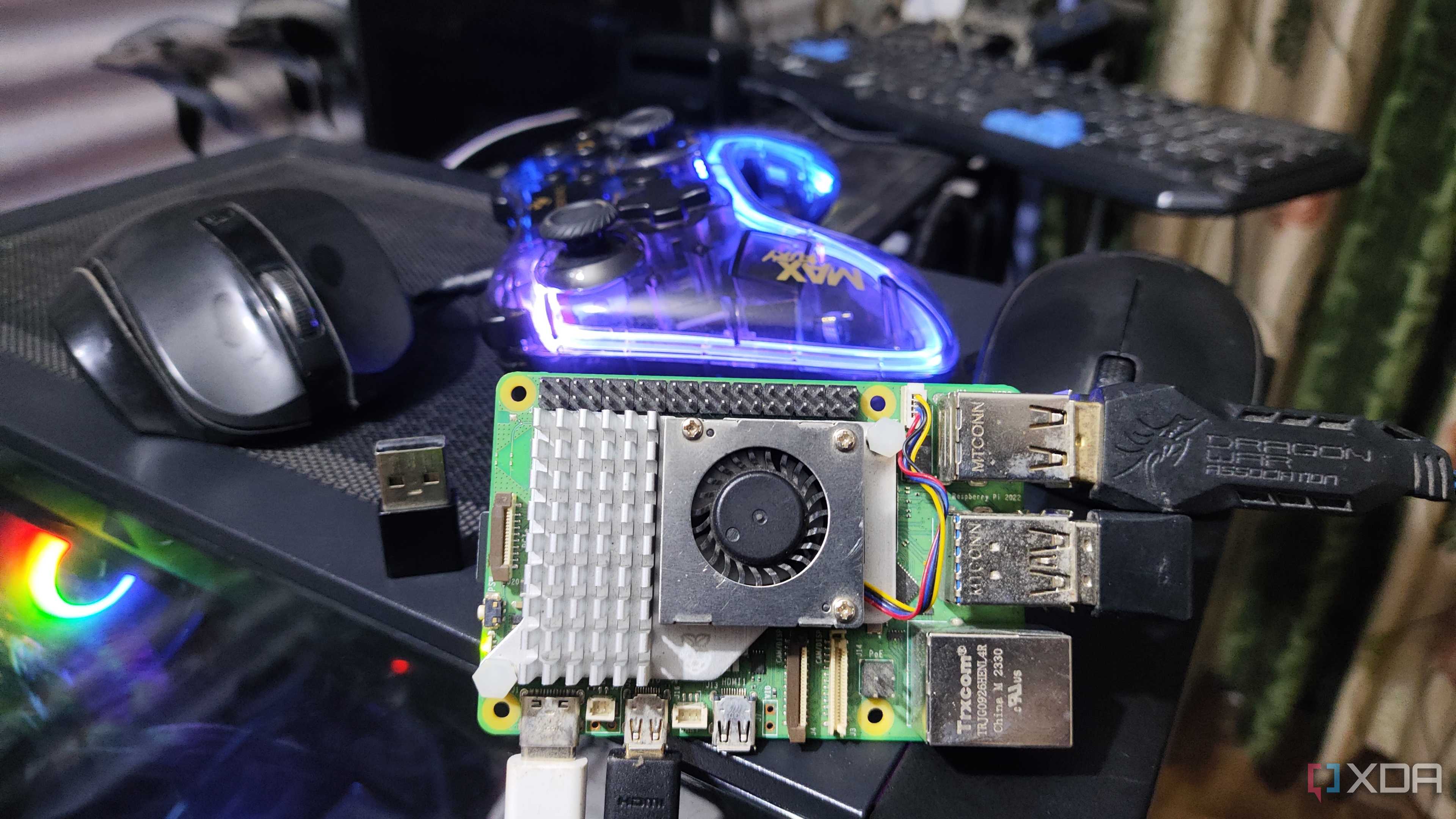 A Raspberry Pi 5 connected to multiple peripherals