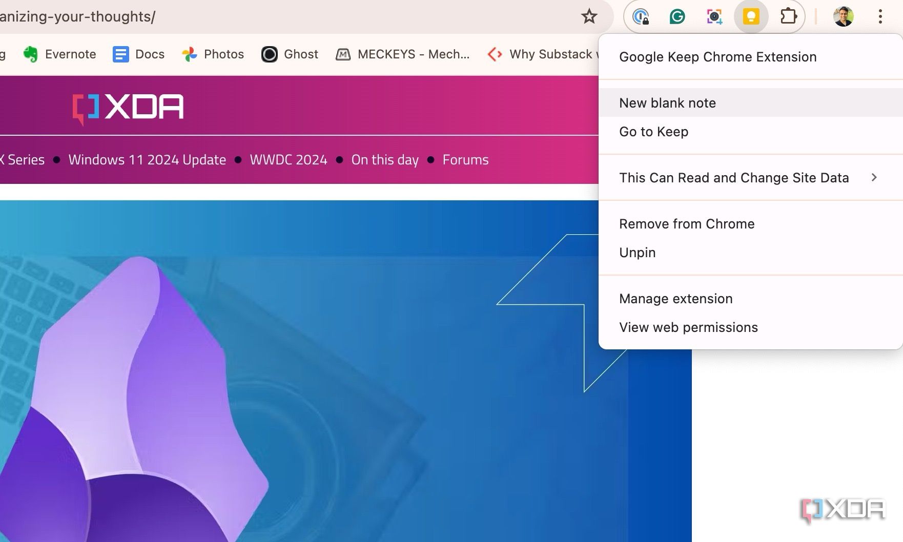 Google Keep extension create a new note