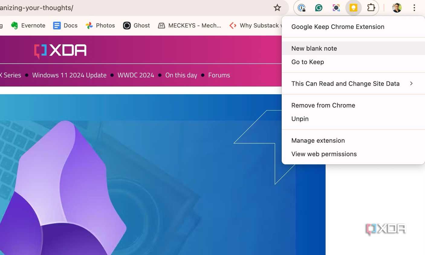 Google Keep extension create a new note