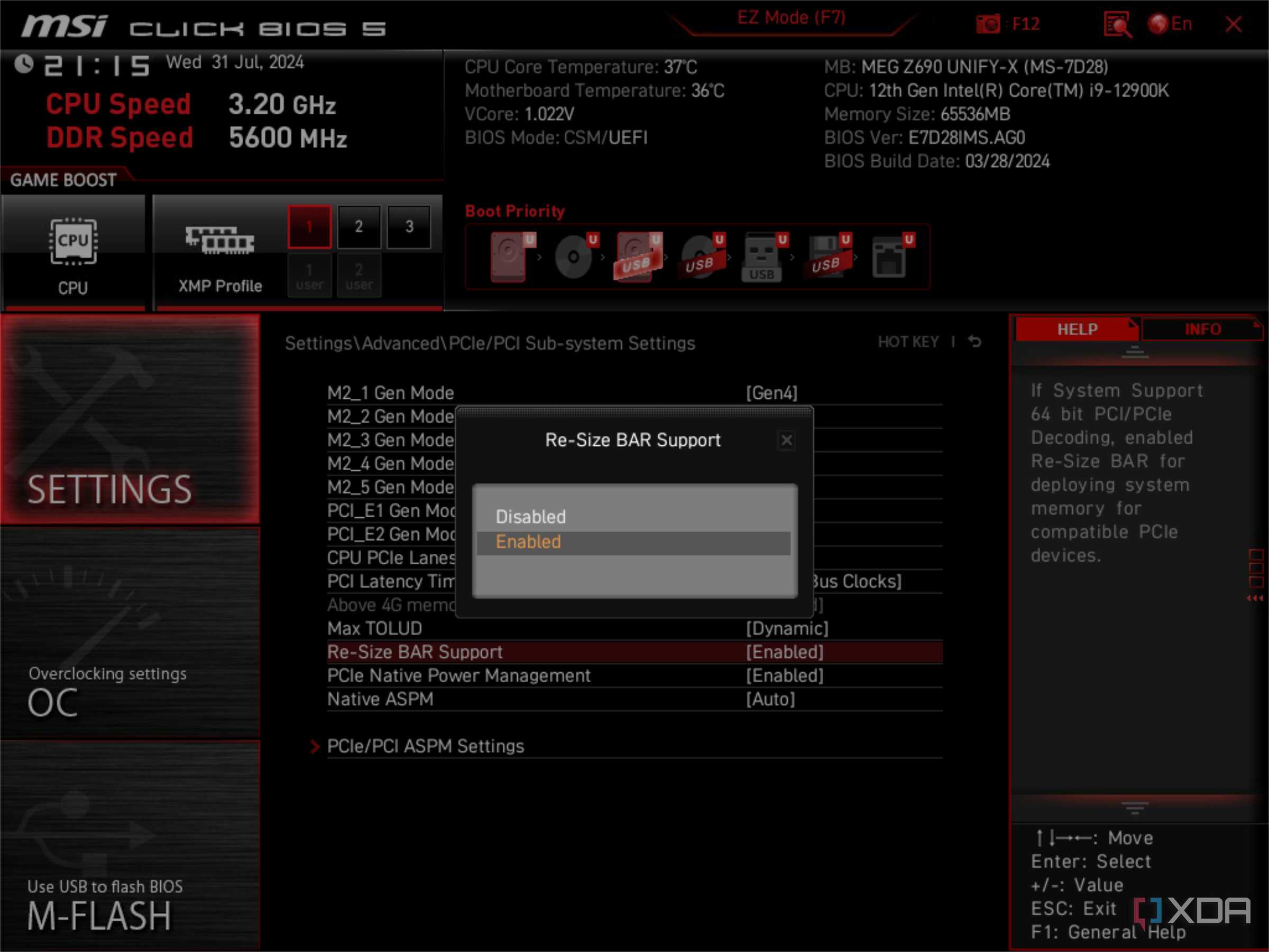 msi bios showing resizable bar option