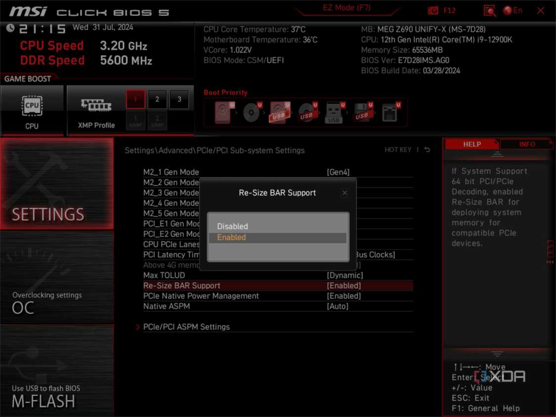 msi bios showing resizable bar option