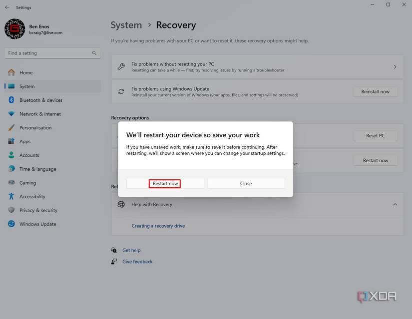Image showing pop up informing you to save work before windows restarts