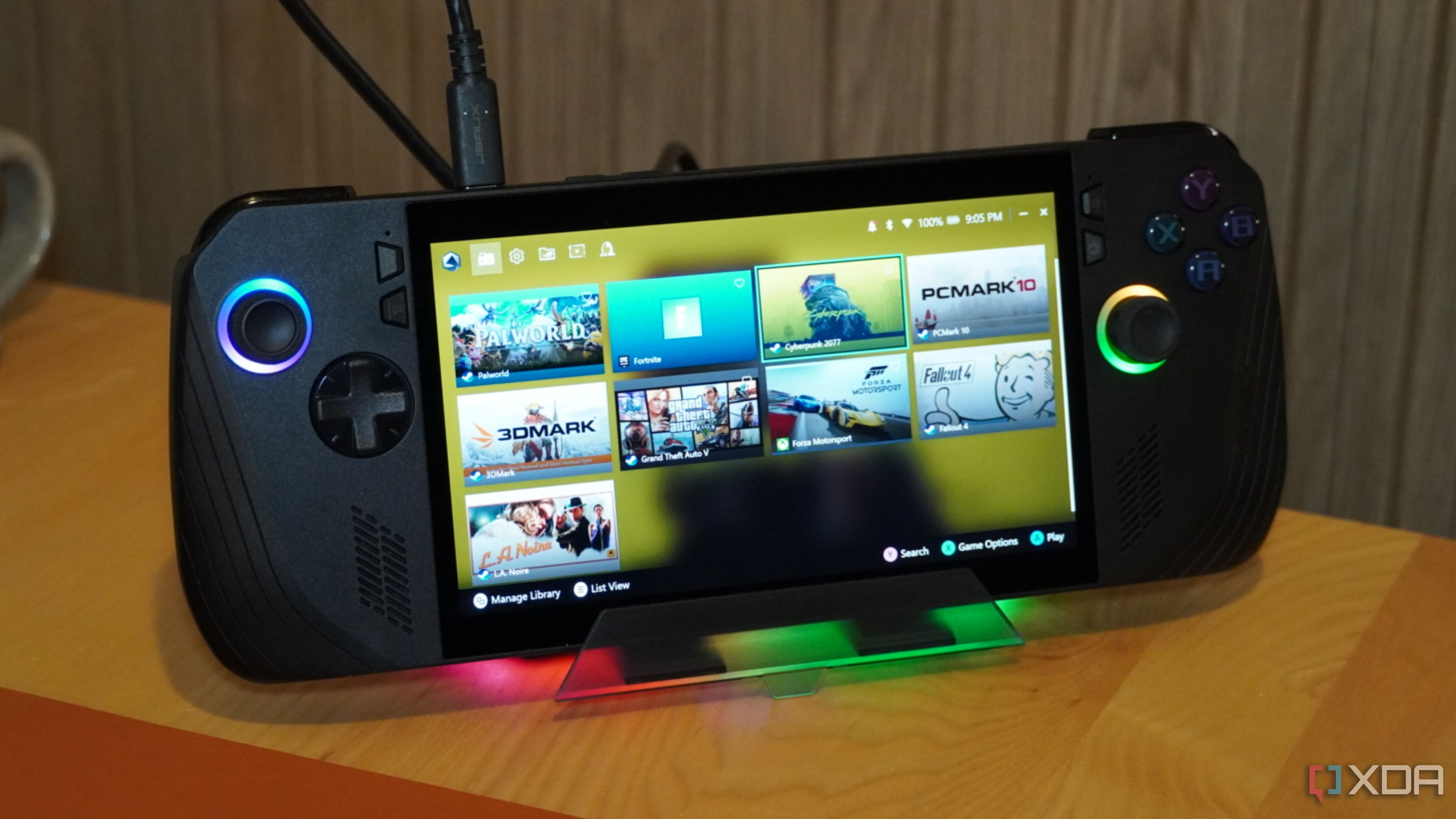 The ROG Ally X plugged into the Jsaux RGB docking station.