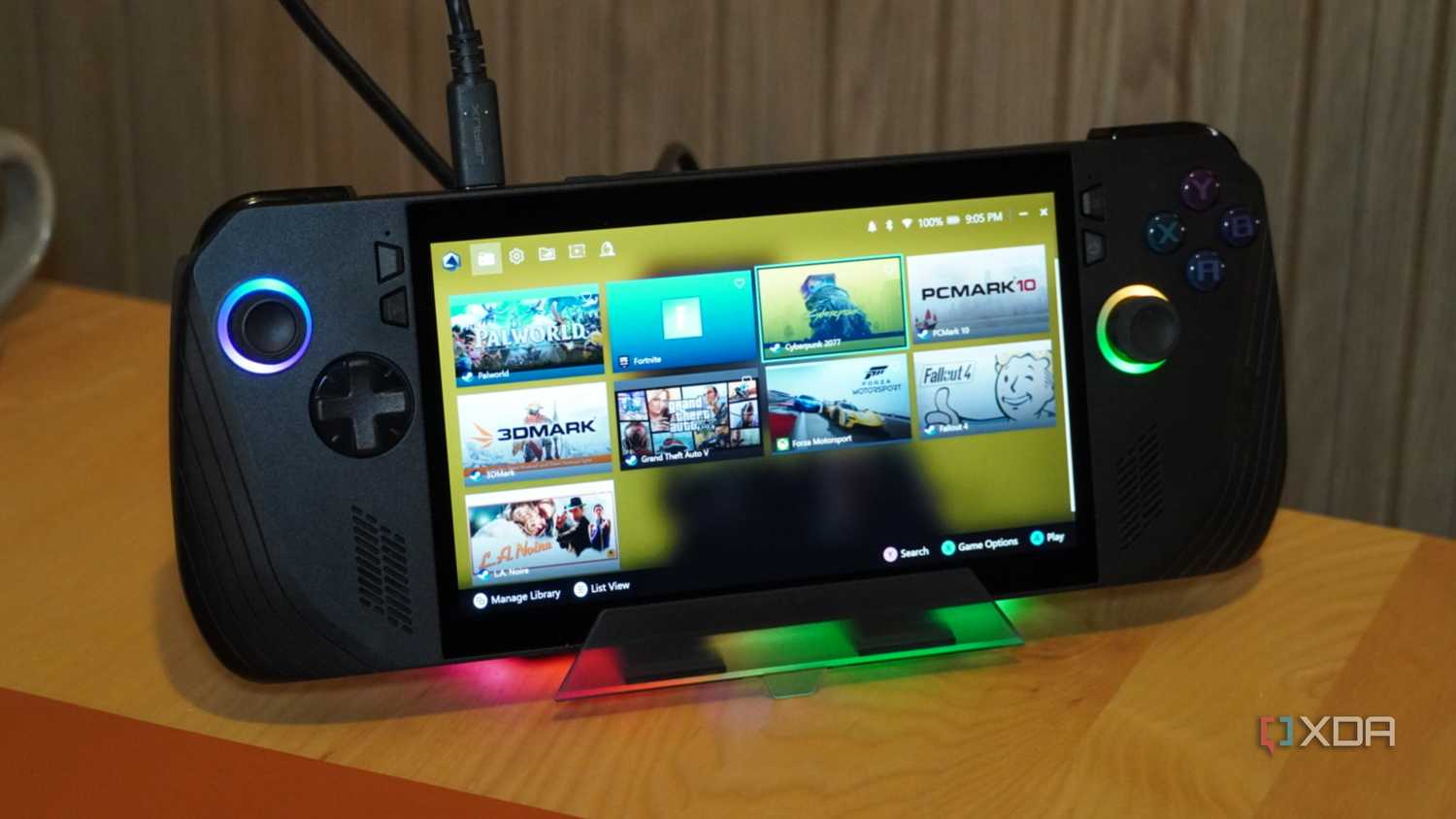 The ROG Ally X plugged into the Jsaux RGB docking station.