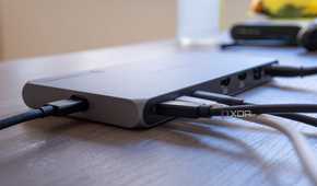 Close-up of the three Thunderbolt ports on the Satechi Thunderbolt 4 Multi-Display Docking Station, each with a peripheral plugged in