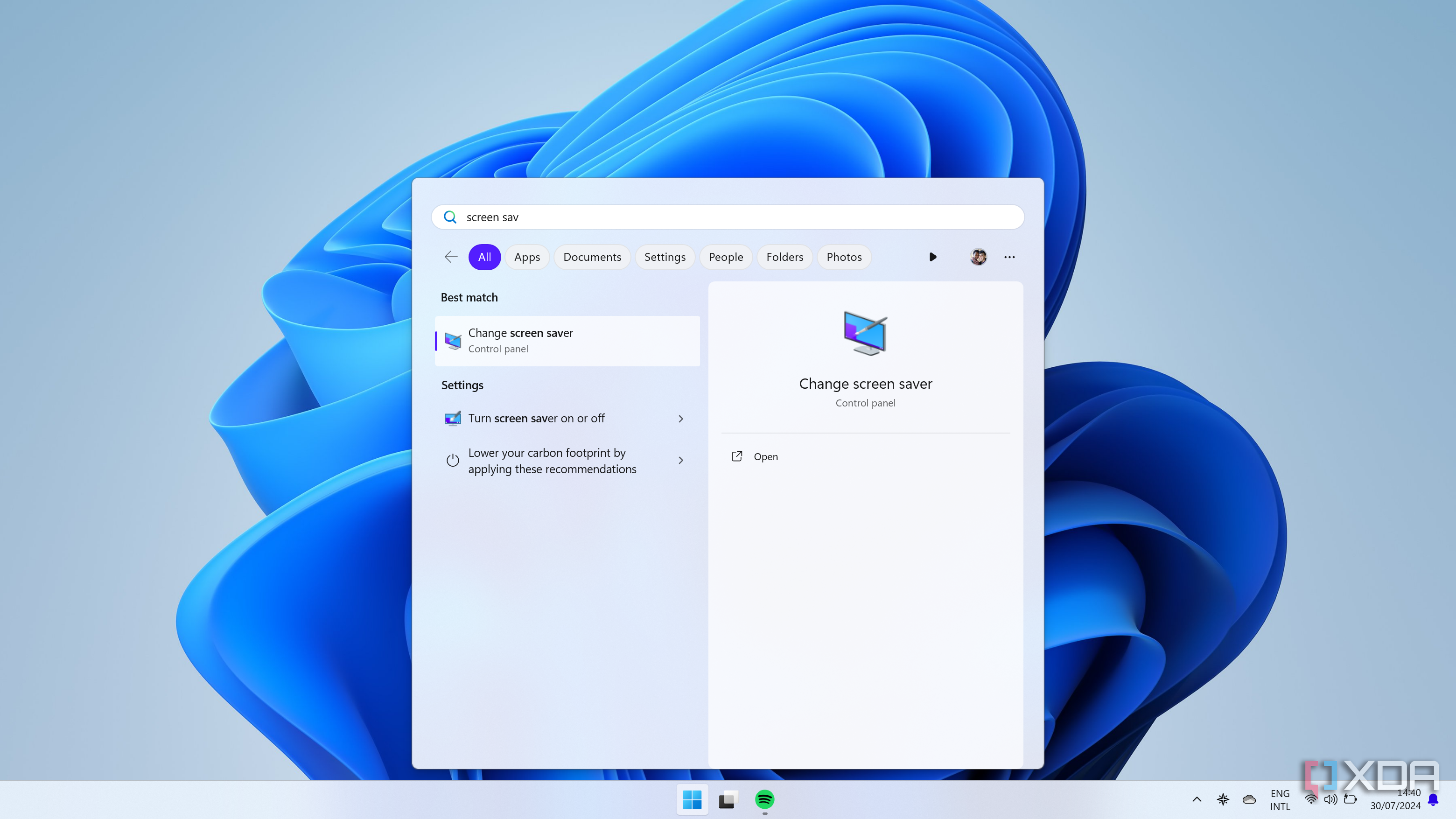 Screenshot of Windows Search showing a result for Change screen saver
