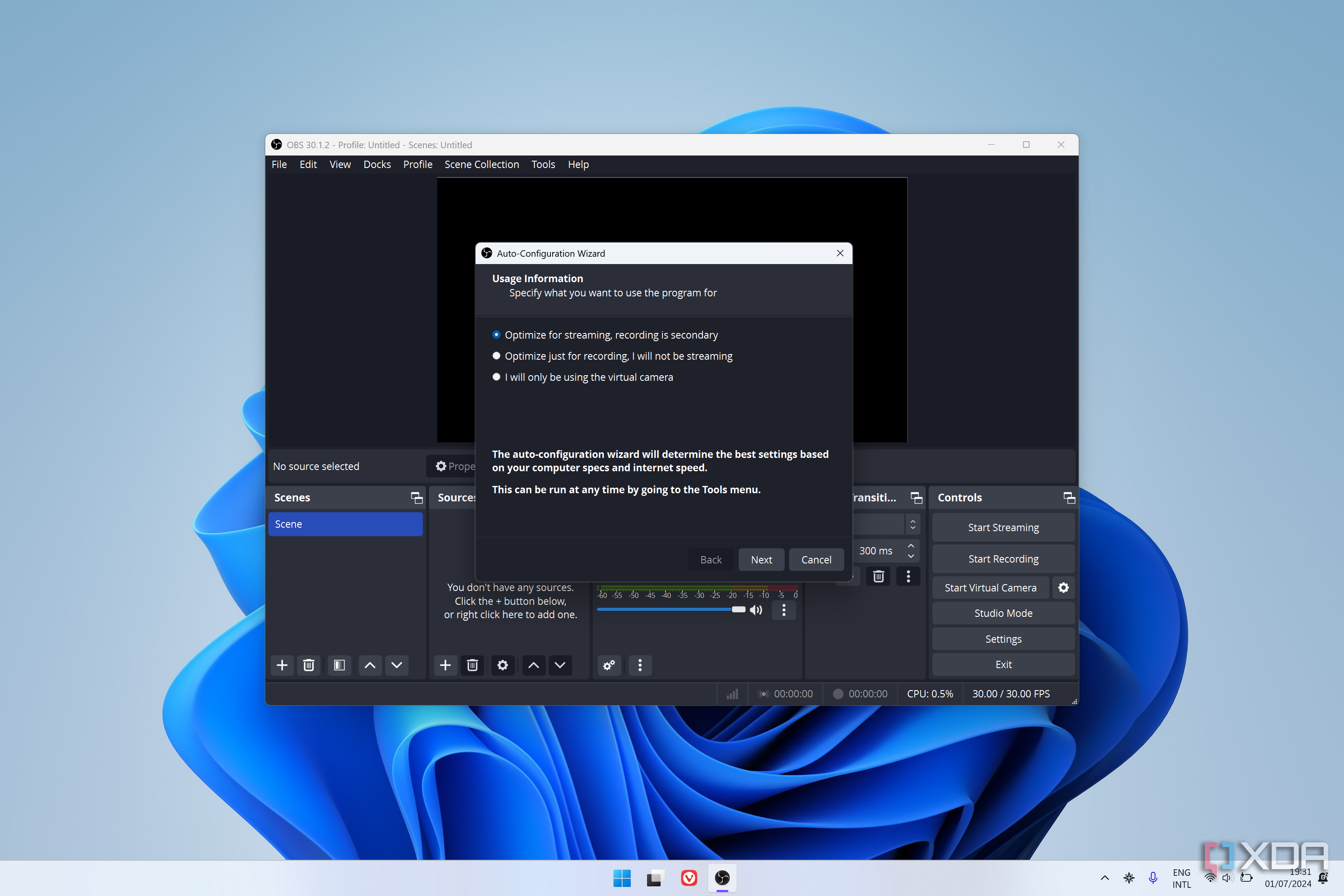 First page of the setup process of OBS Studio