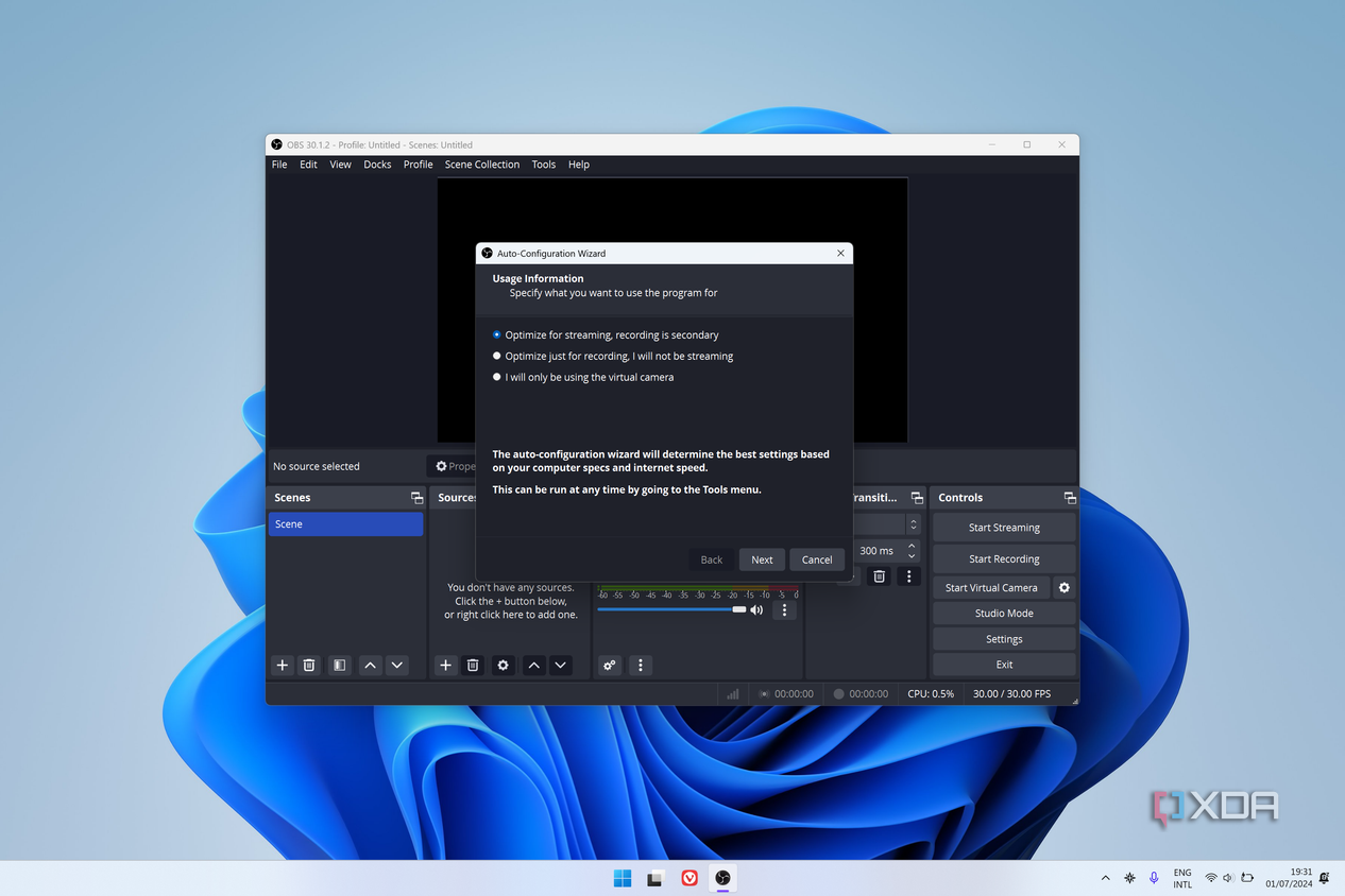 First page of the setup process of OBS Studio