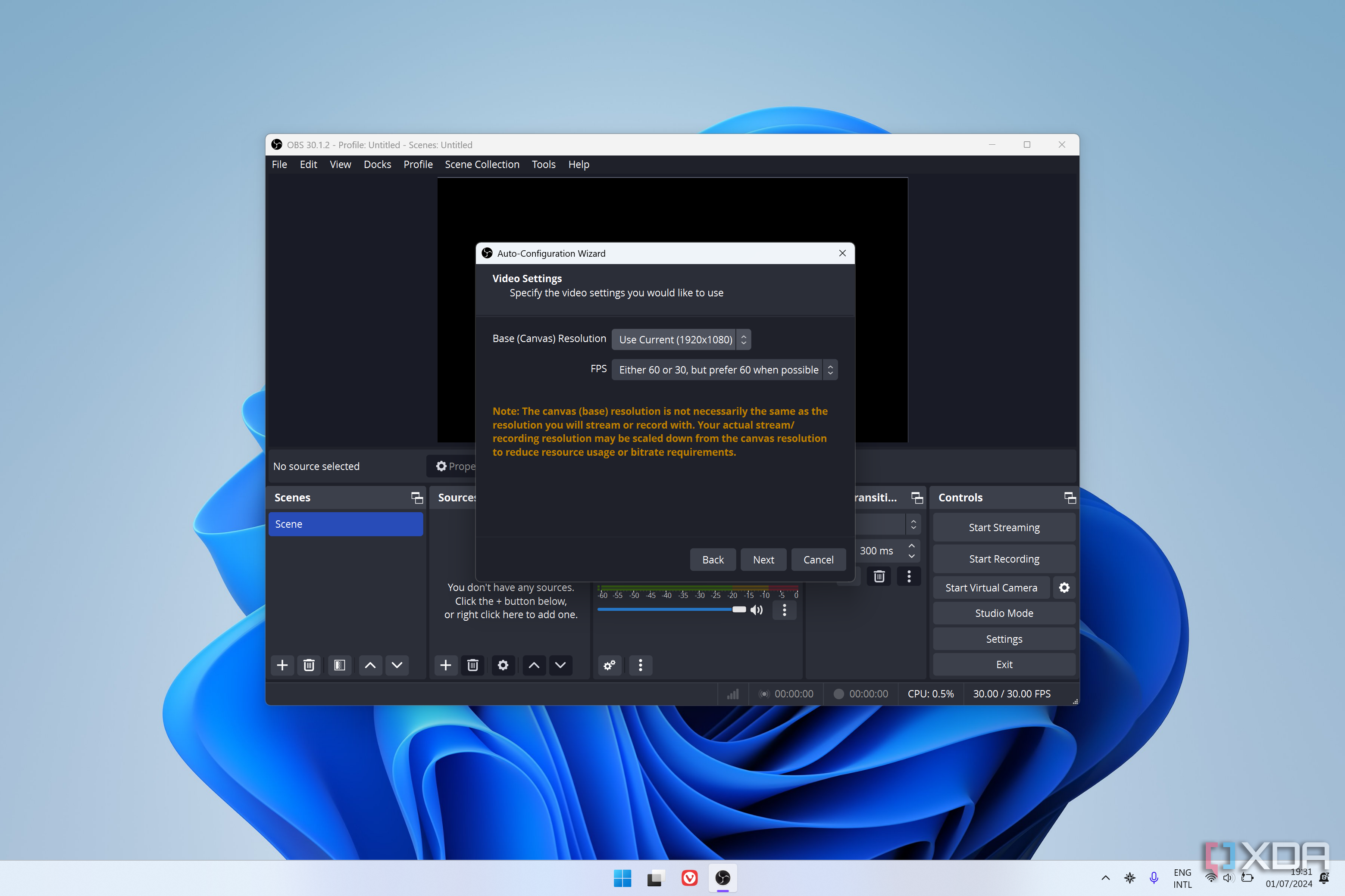OBS Studio setup asking the user to choose a resolution and framerate