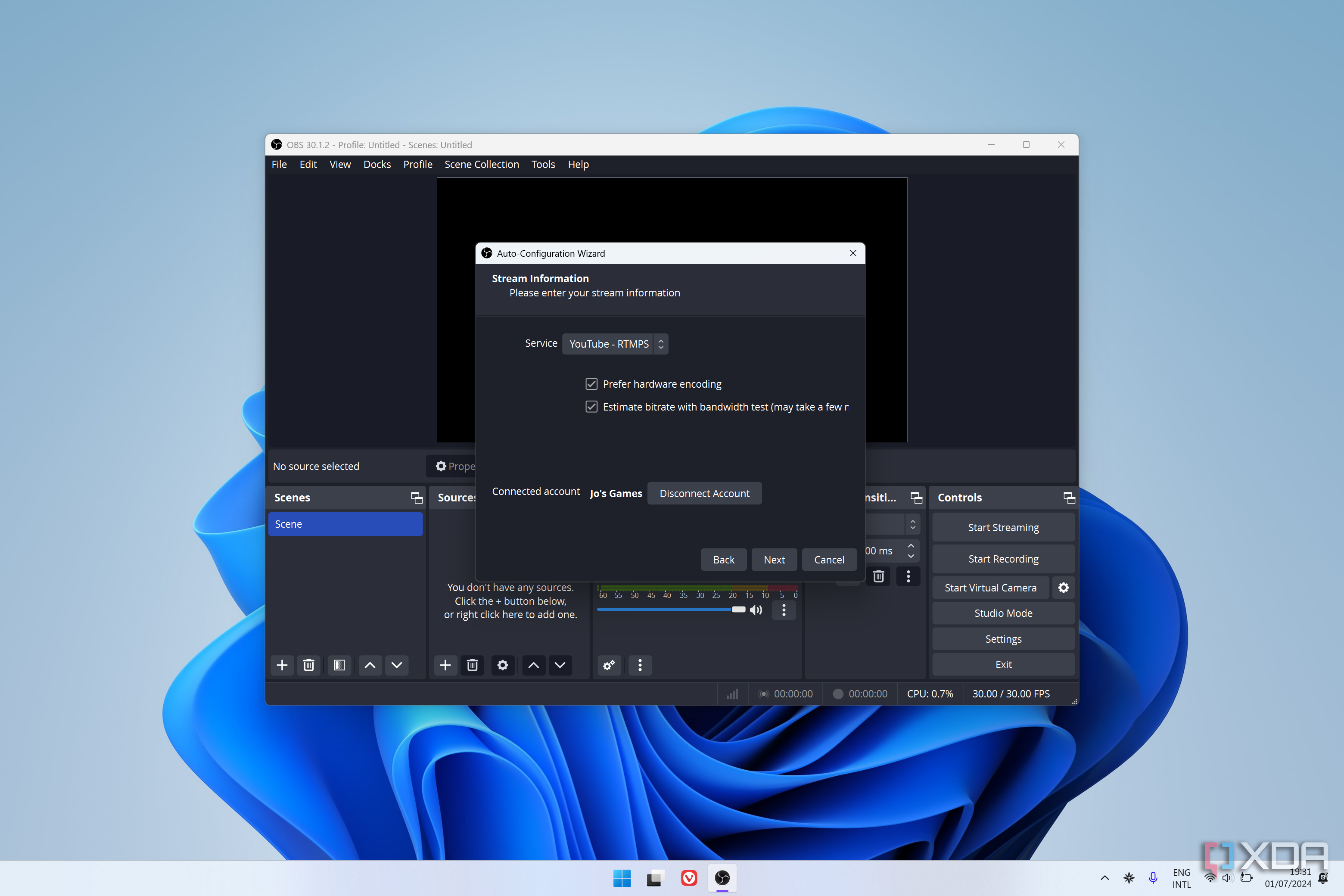 Screenshot of OBS Studio setup after signing in to a streaming platform