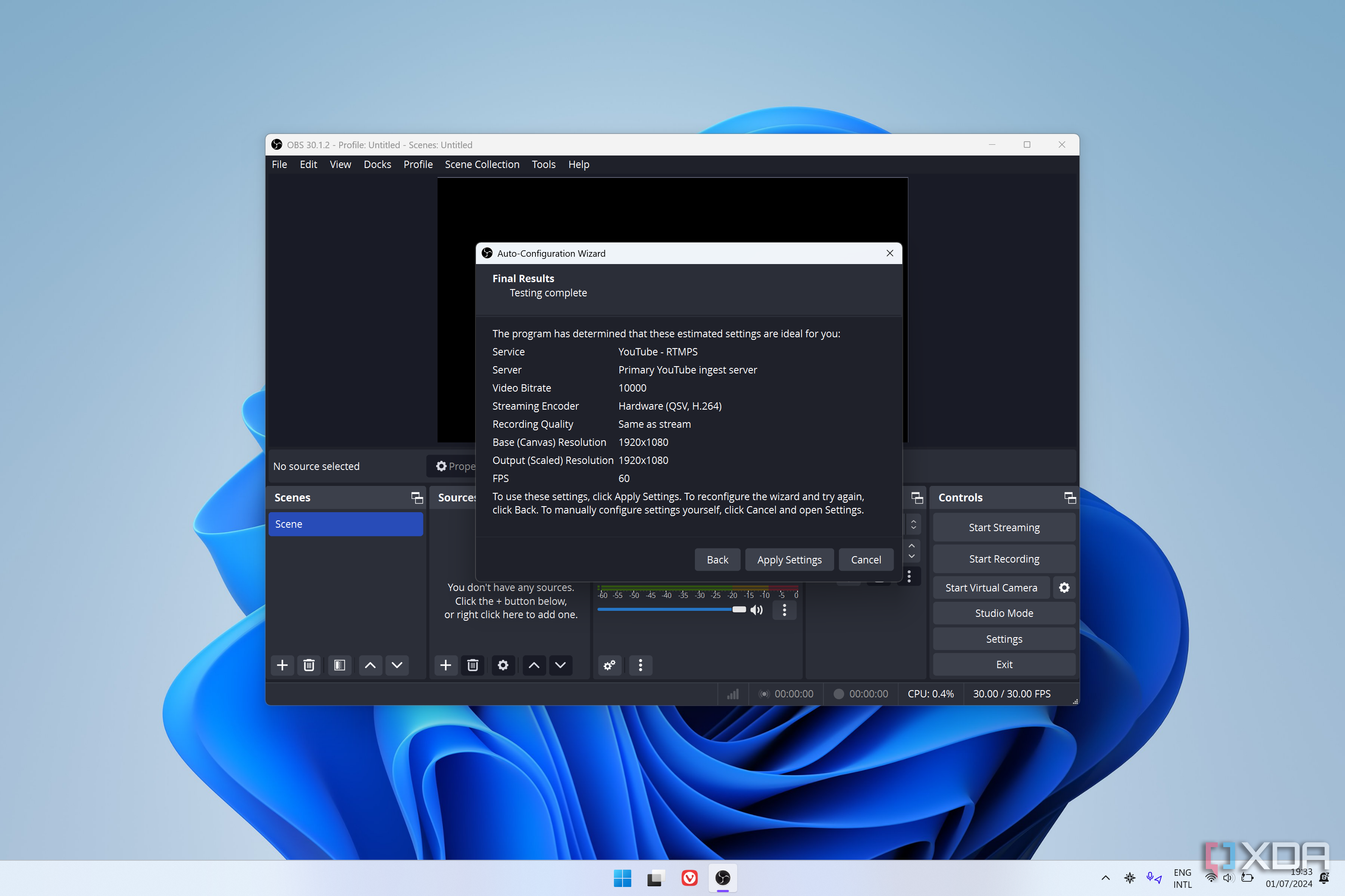 Screenshot of OBS Studio setup showing a summary of settings at the end of a setup process