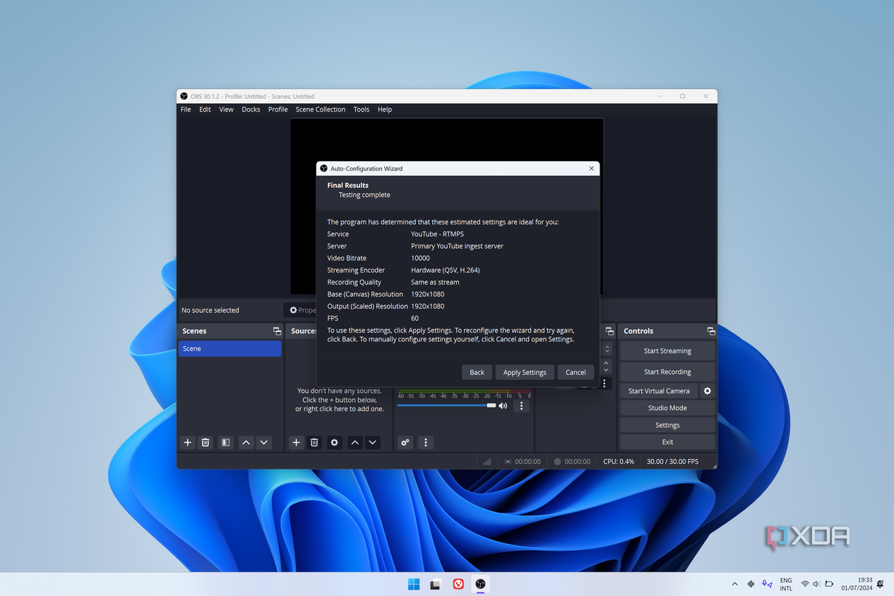 Screenshot of OBS Studio setup showing a summary of settings at the end of a setup process