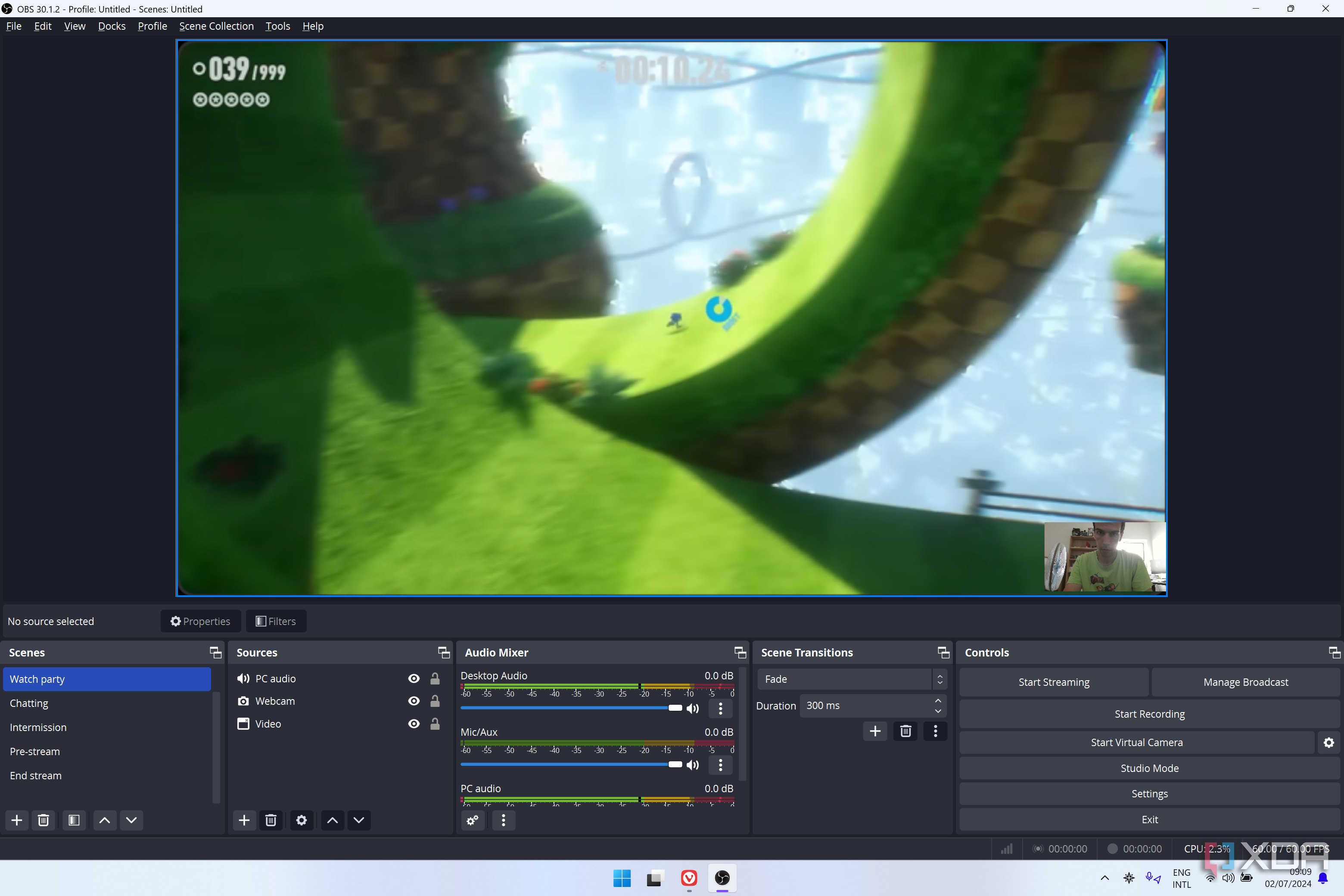 Screenshot of OBS Studio using a scene with a webcam and a window capture feed