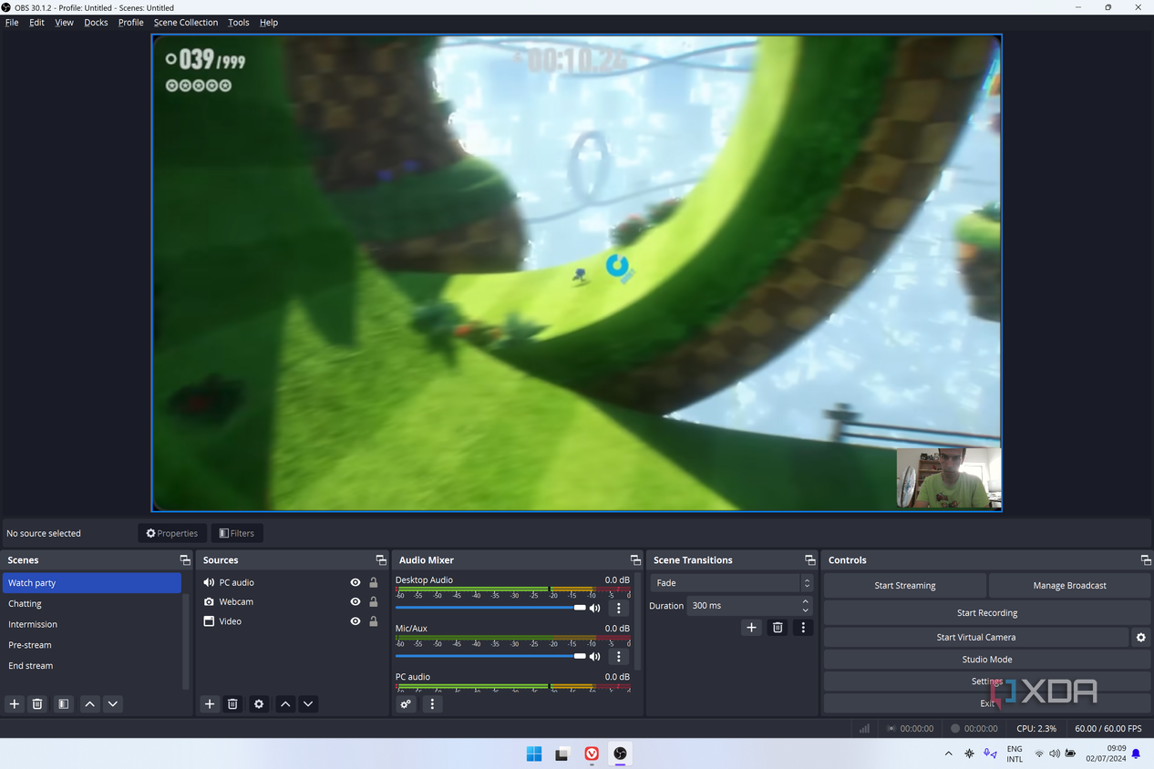 Screenshot of OBS Studio using a scene with a webcam and a window capture feed
