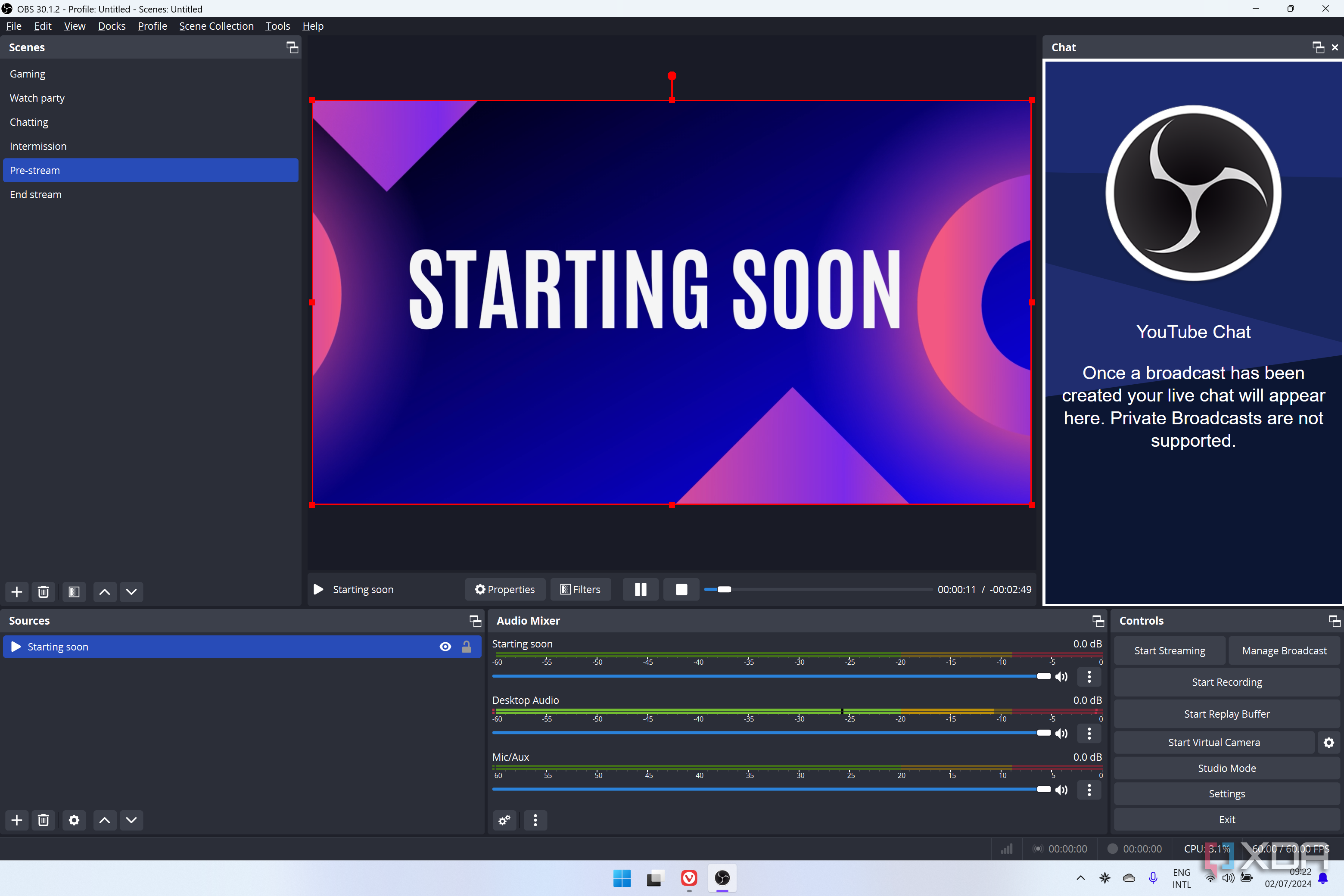 Screenshot of OBS Studio using a scene with a a video saying "Starting soon"