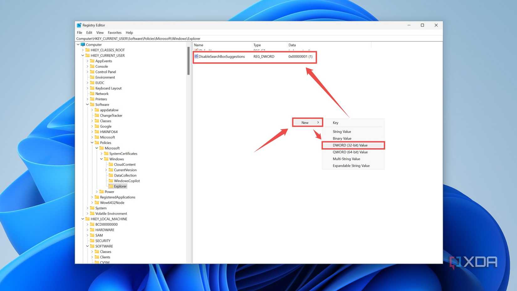 The DWORD to remove the Search suggestions in the Registry Editor