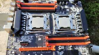An X99 motherboard featuring two Xeon processors and eight RAM slots