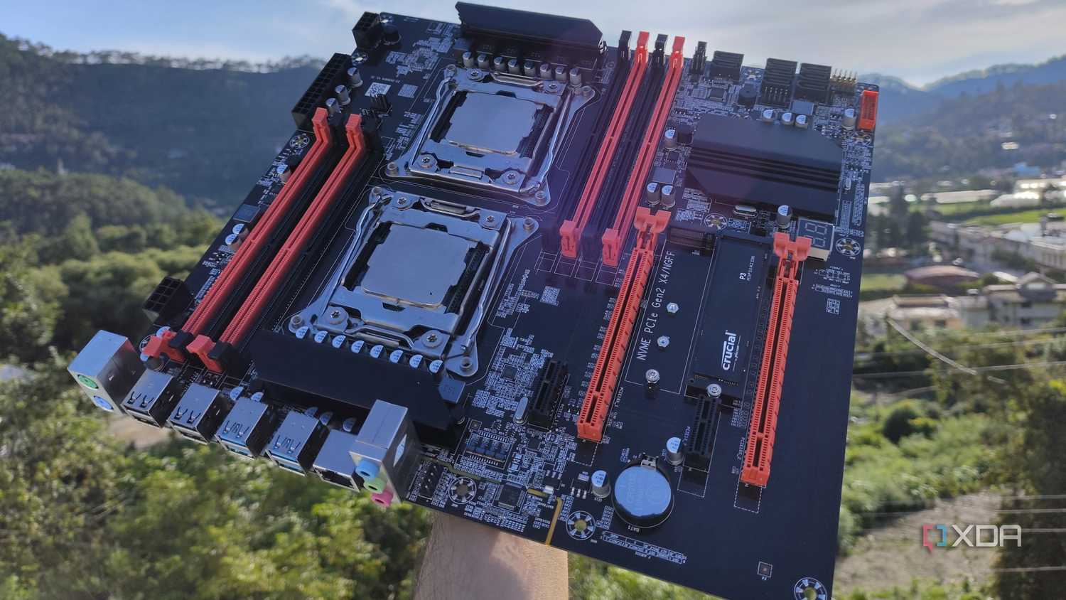 A person holding an X99 server motherboard with two Intel Xeon CPUs slotted in