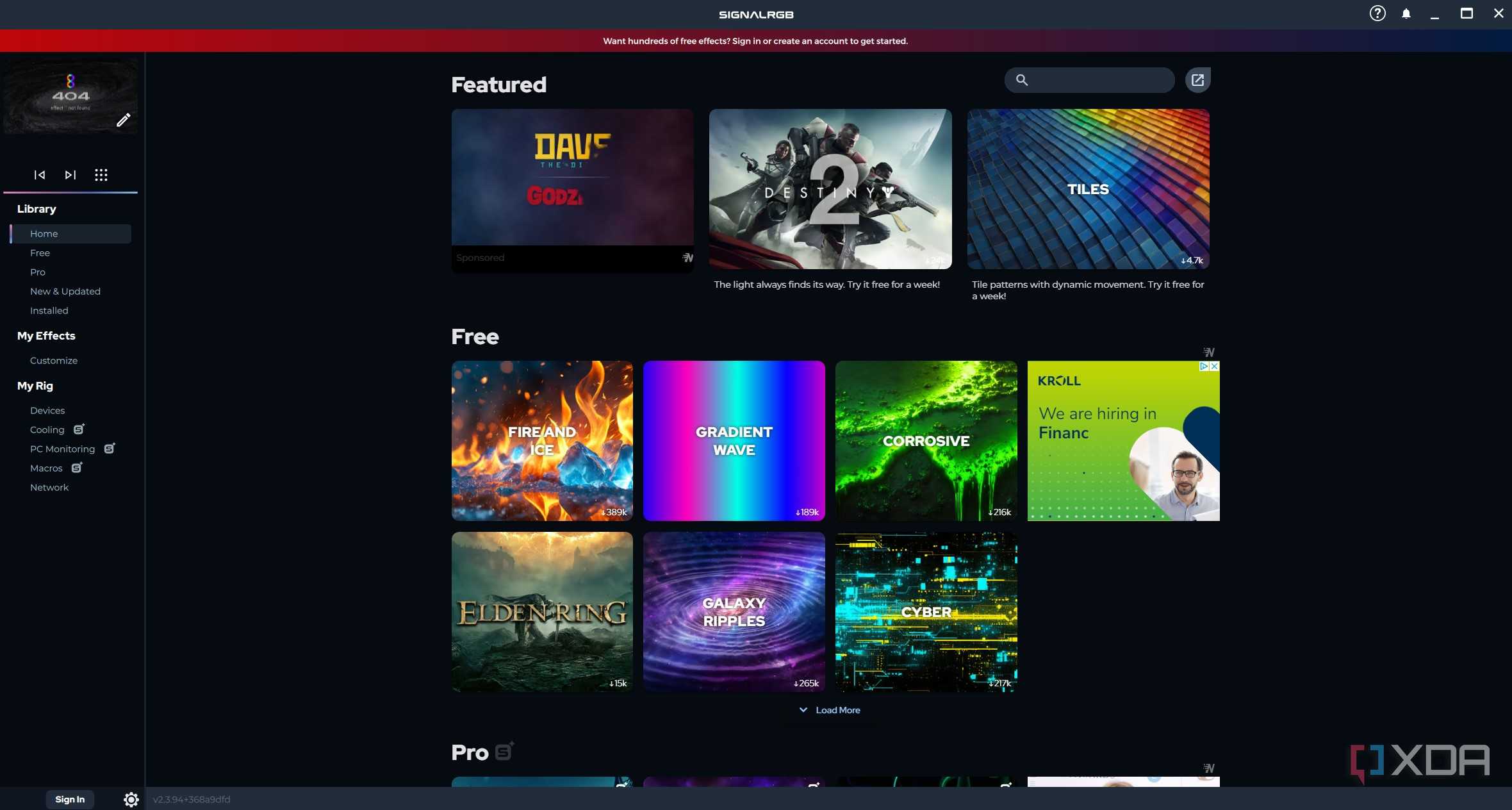 Image showing the SignalRGB Library Home menu