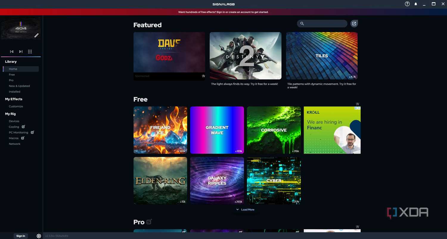 Image showing the SignalRGB Library Home menu