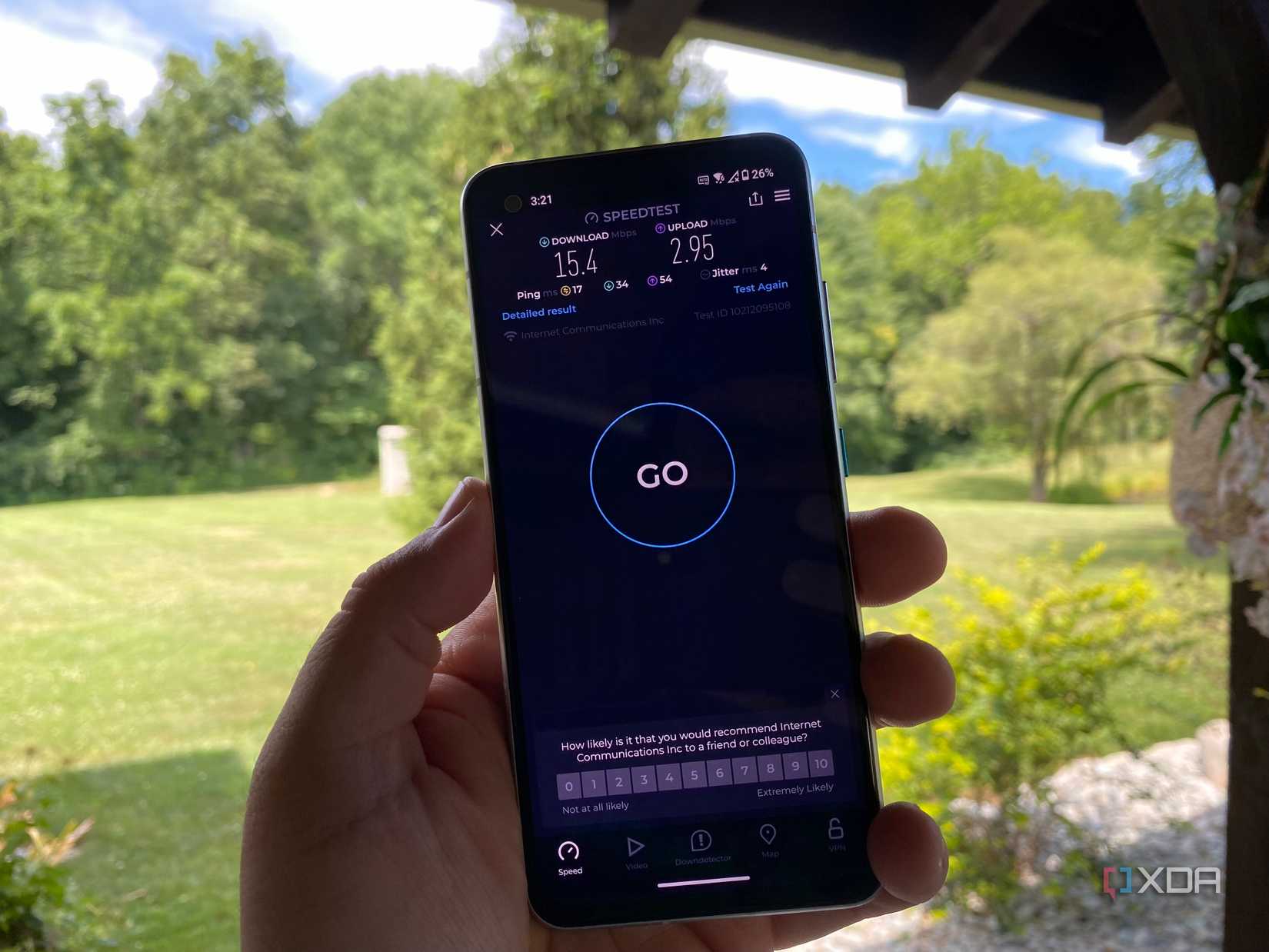 Aplicación de prueba de velocidad, resultados de 15 Mbps en el teléfono