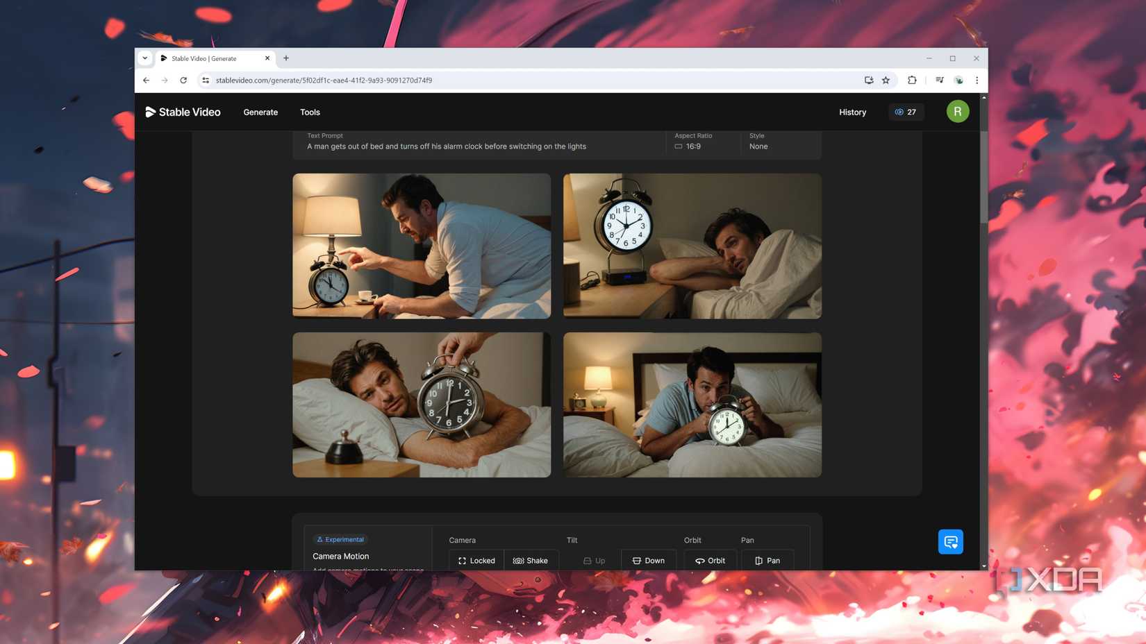 Multiple images produced by a prompt on Stable Video