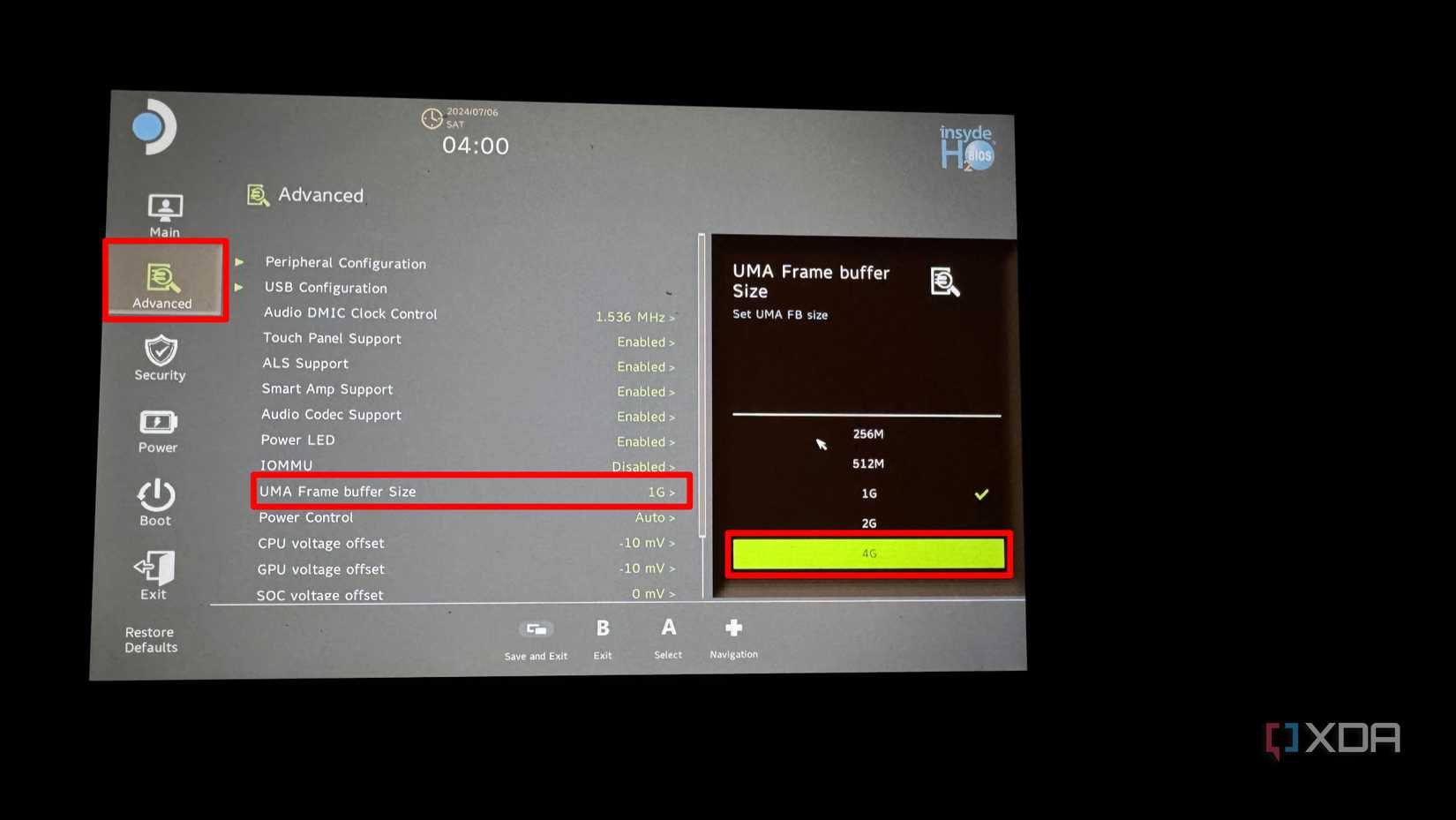 picture of steam deck bios options with uma frame buffer highlighted