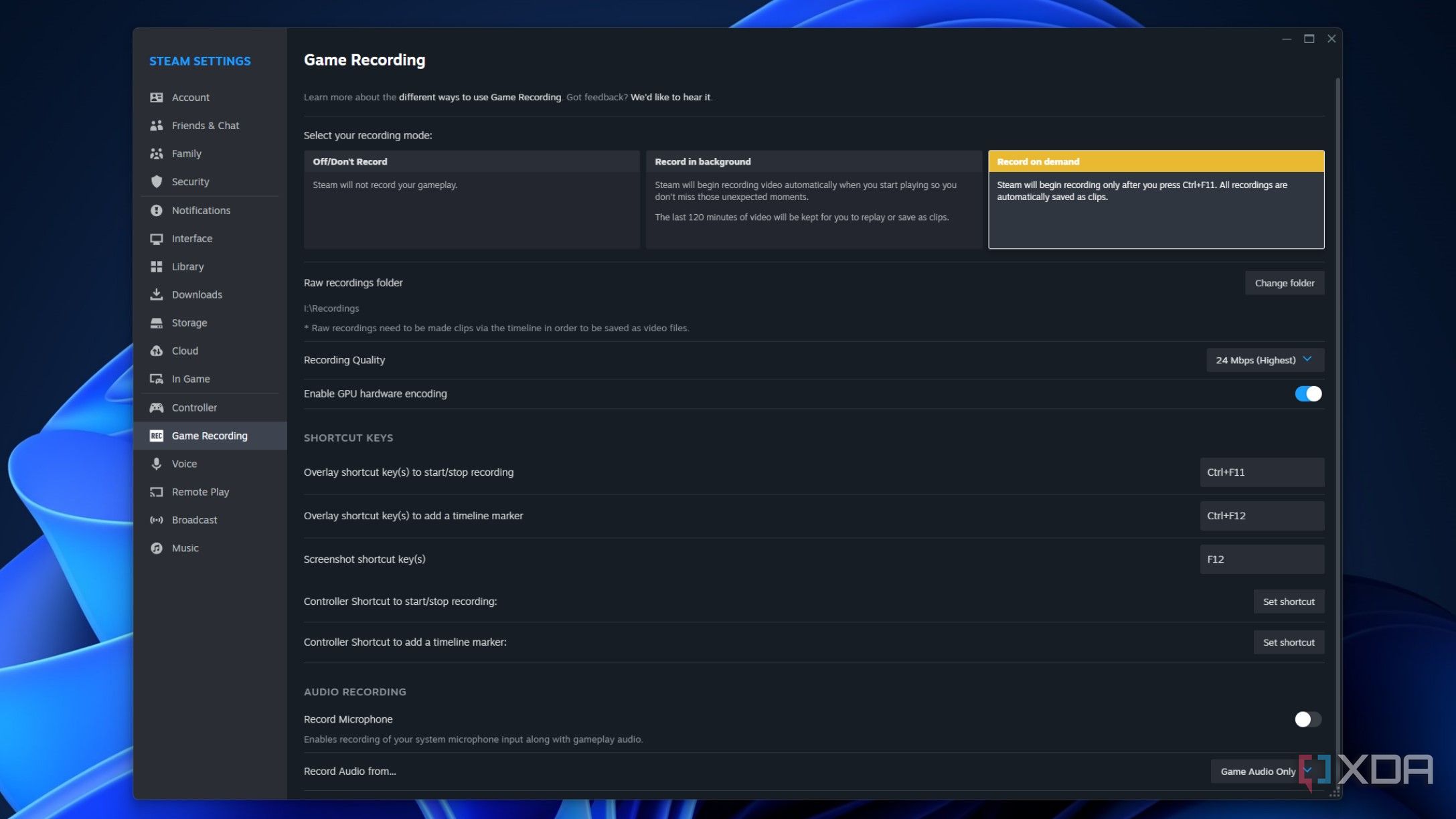 screenshot of steam showing the game recording beta settings page