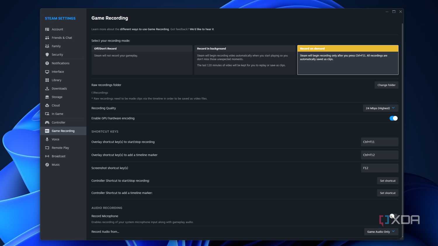 screenshot of steam showing the game recording beta settings page