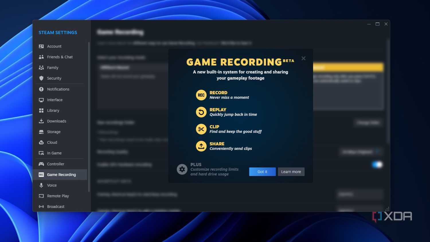 screenshot of steam showing the new steam game recording beta