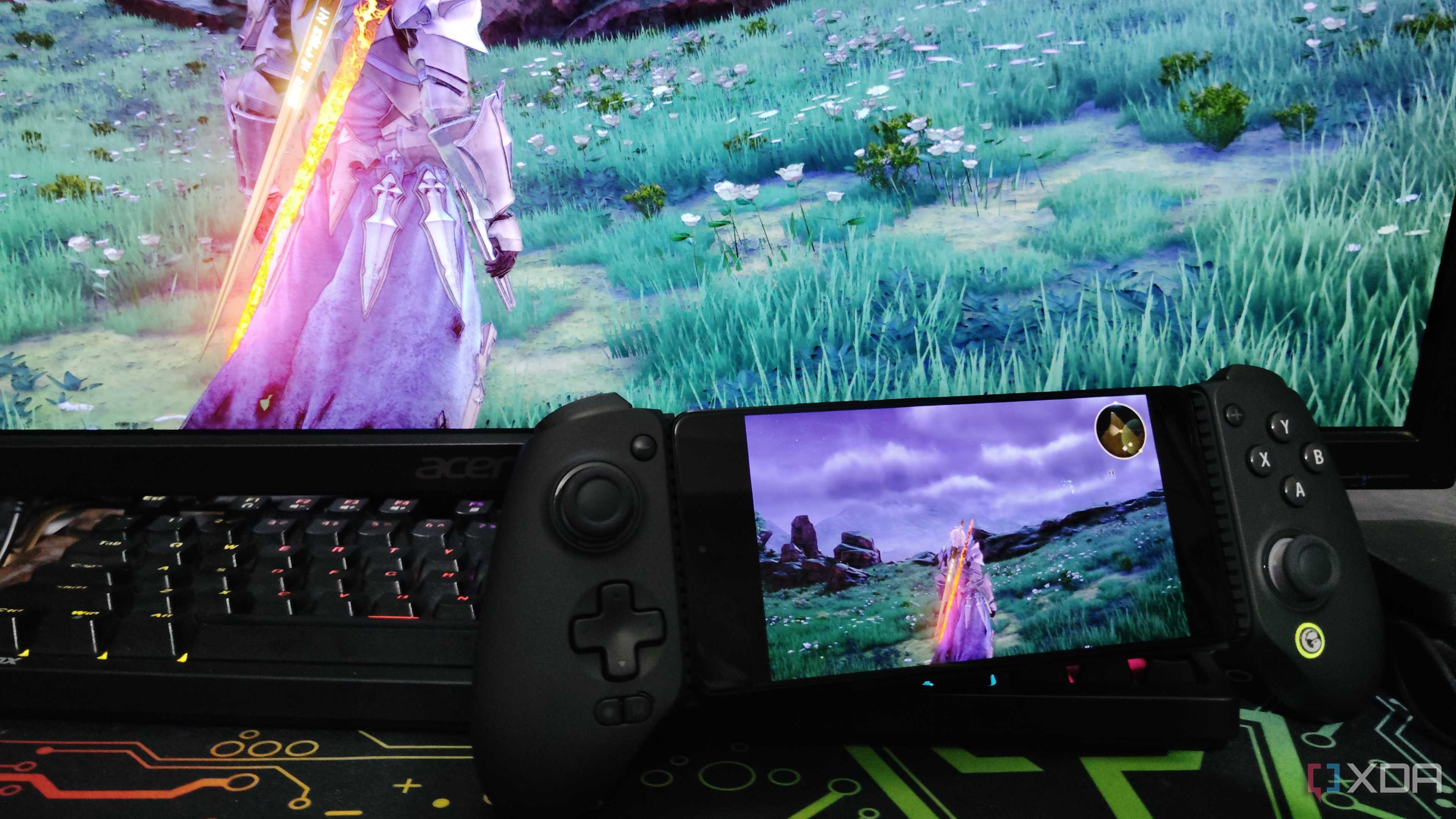 Tales of Arise being streamed to a Poco F5 via Sunshine/Moonlight, with the phone attached to a GameSir Galileo G8+