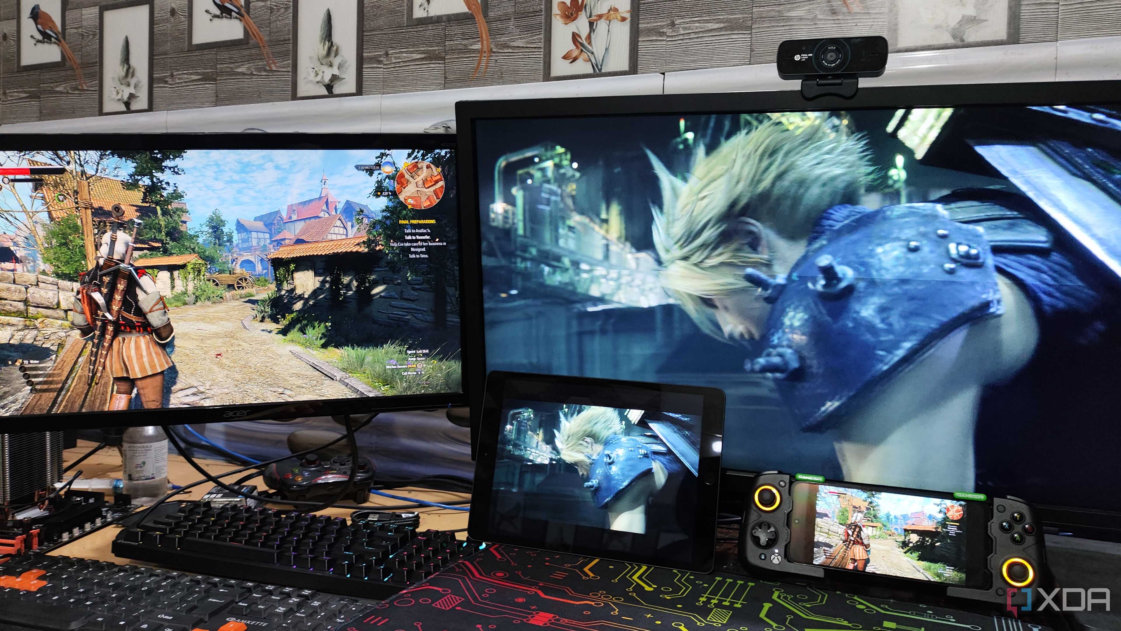 The Witcher 3 being streamed to a Poco M6 Pro via Parsec while another PC streams Final Fantasy VII Remake to an iPad via Moonlight/Sunshine