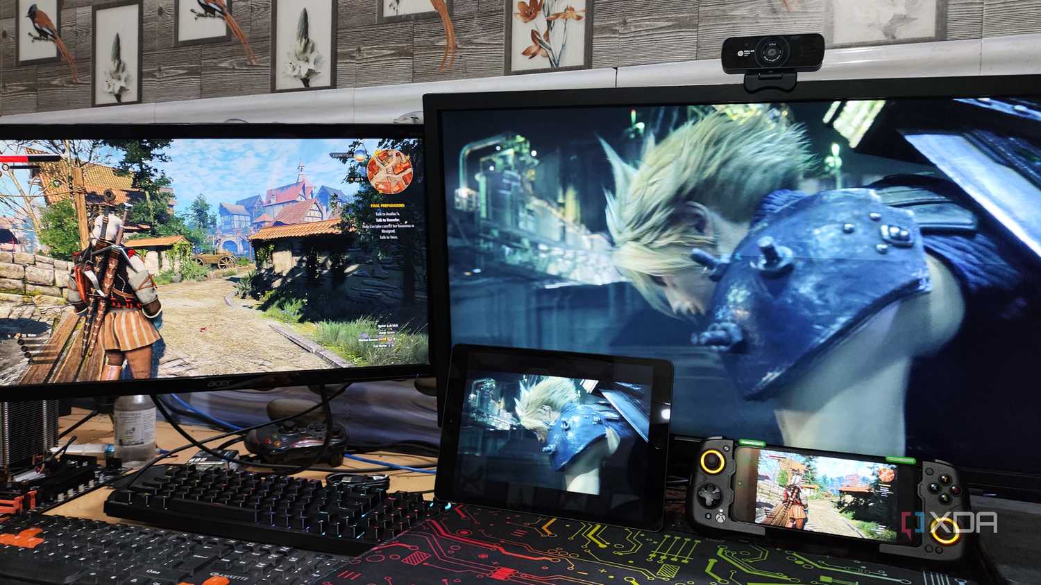 The Witcher 3 being streamed to a Poco M6 Pro via Parsec while another PC streams Final Fantasy VII Remake to an iPad via Moonlight/Sunshine