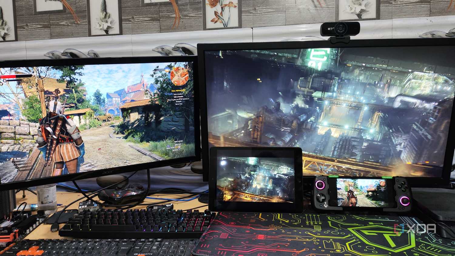 The Witcher 3 being streamed to a Poco M6 Pro via Parsec while another PC streams Final Fantasy VII Remake to an iPad via Moonlight/Sunshine