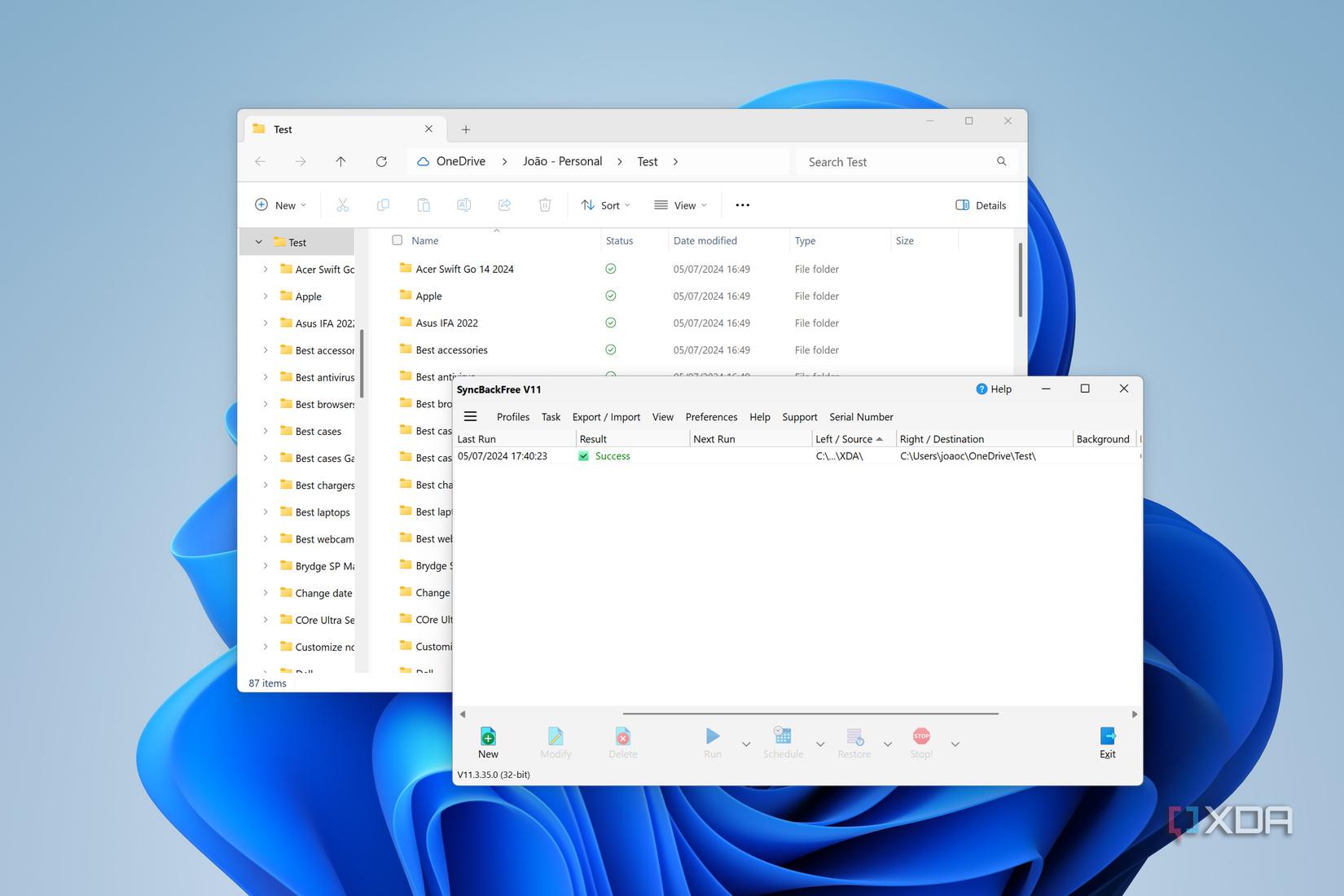 Screenshot of SyncBack showing a profile backing up files to OneDrive, with the respective OneDrive folder open in the background showing that those files are synced