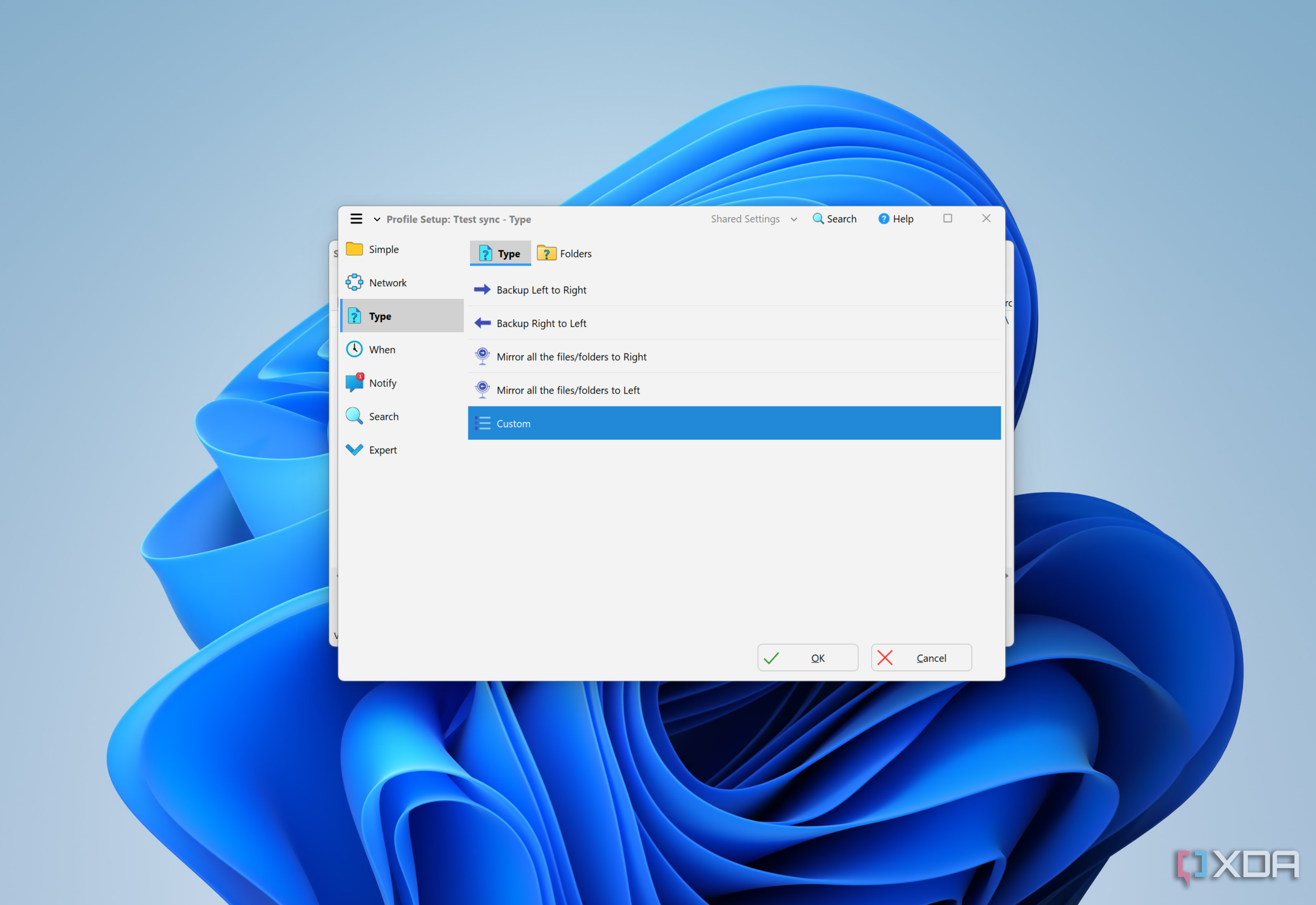 Screenshot of profile settings in SyncBack showing options for different backup types