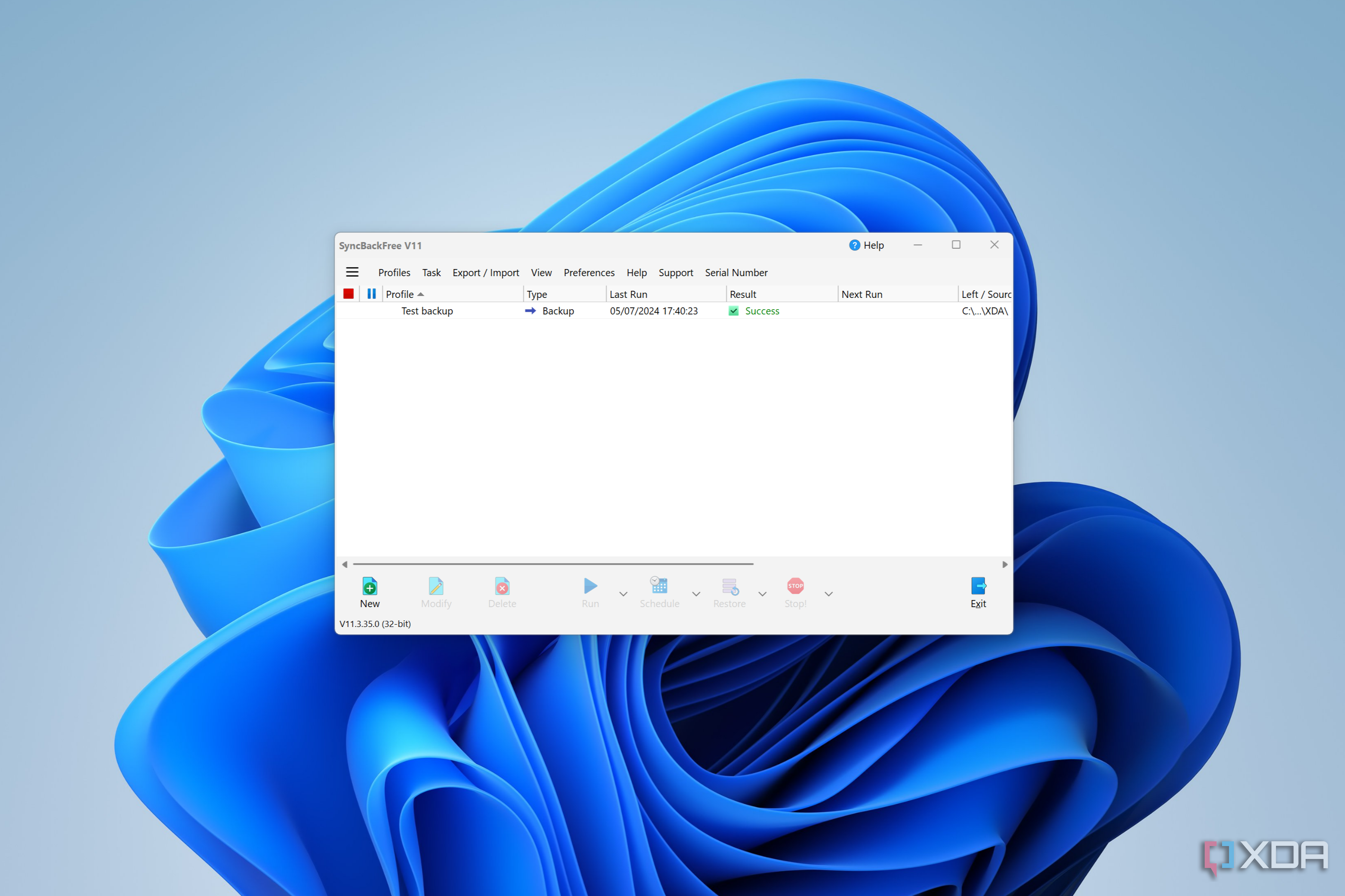 Screenshot of the home page in SyncBack showing one backup profile