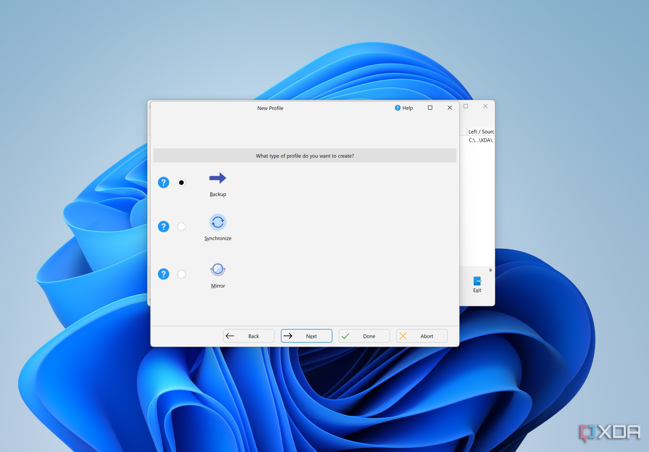 Screenshot of different backup types being offered as an option in SyncBack