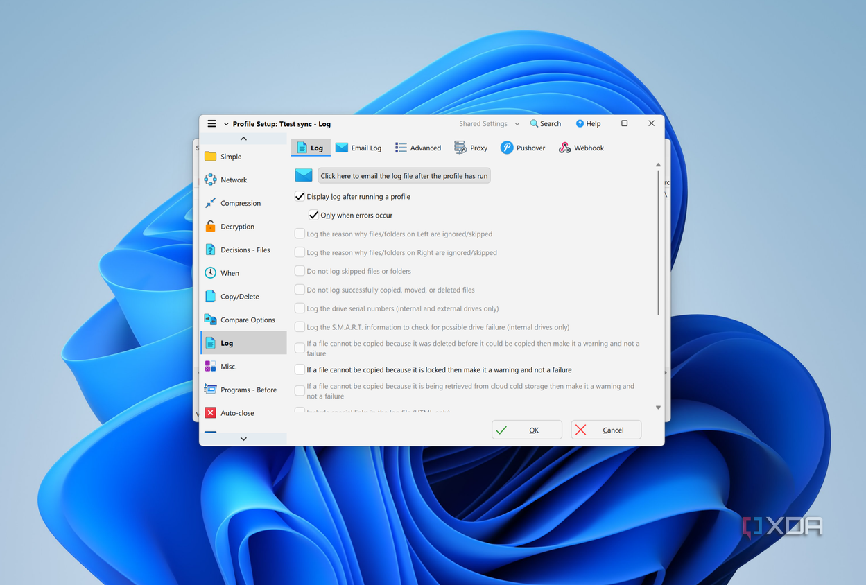 Screenshot of log settings in SyncBack