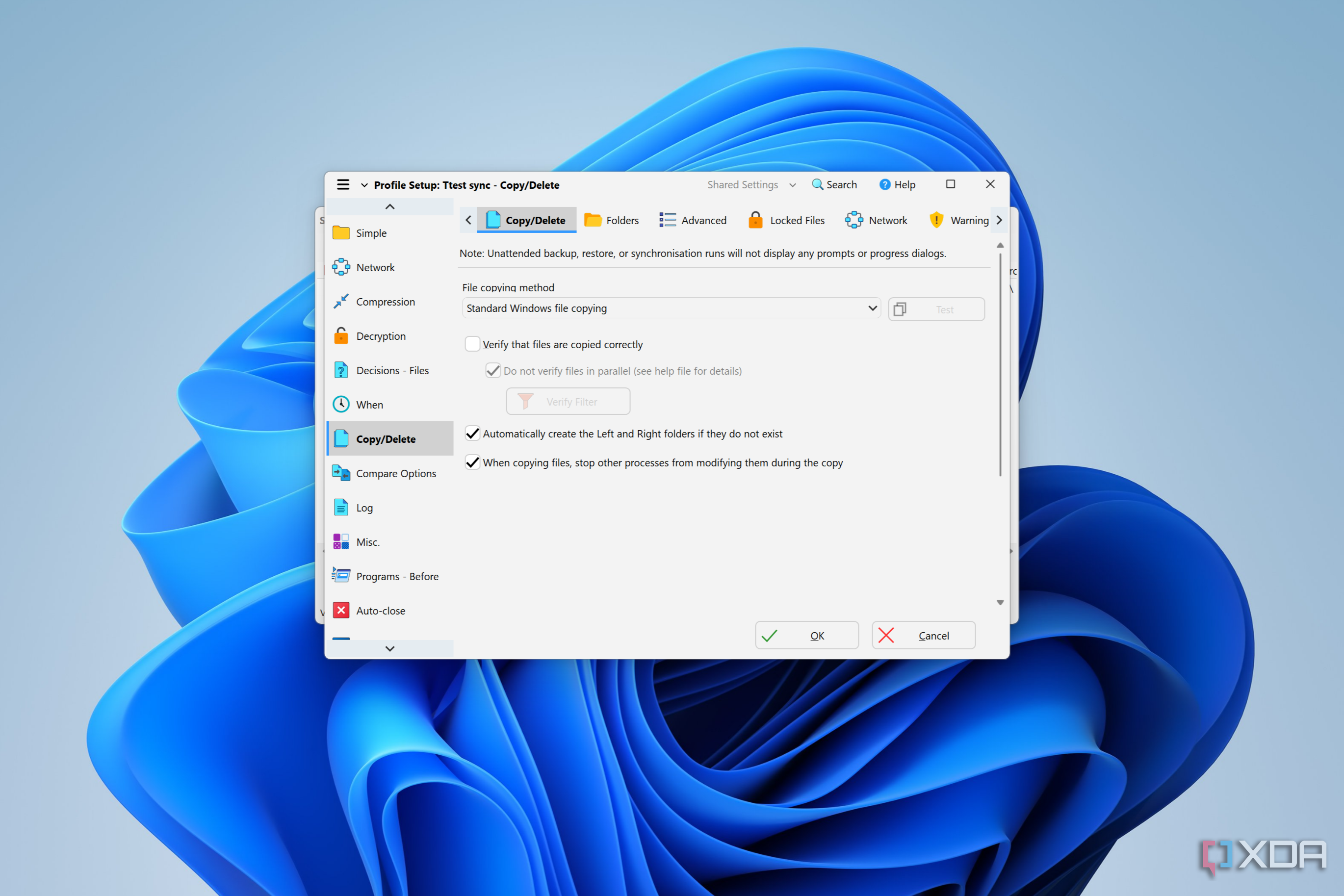 Screenshot of settings for copy and delete operations performed by SyncBack